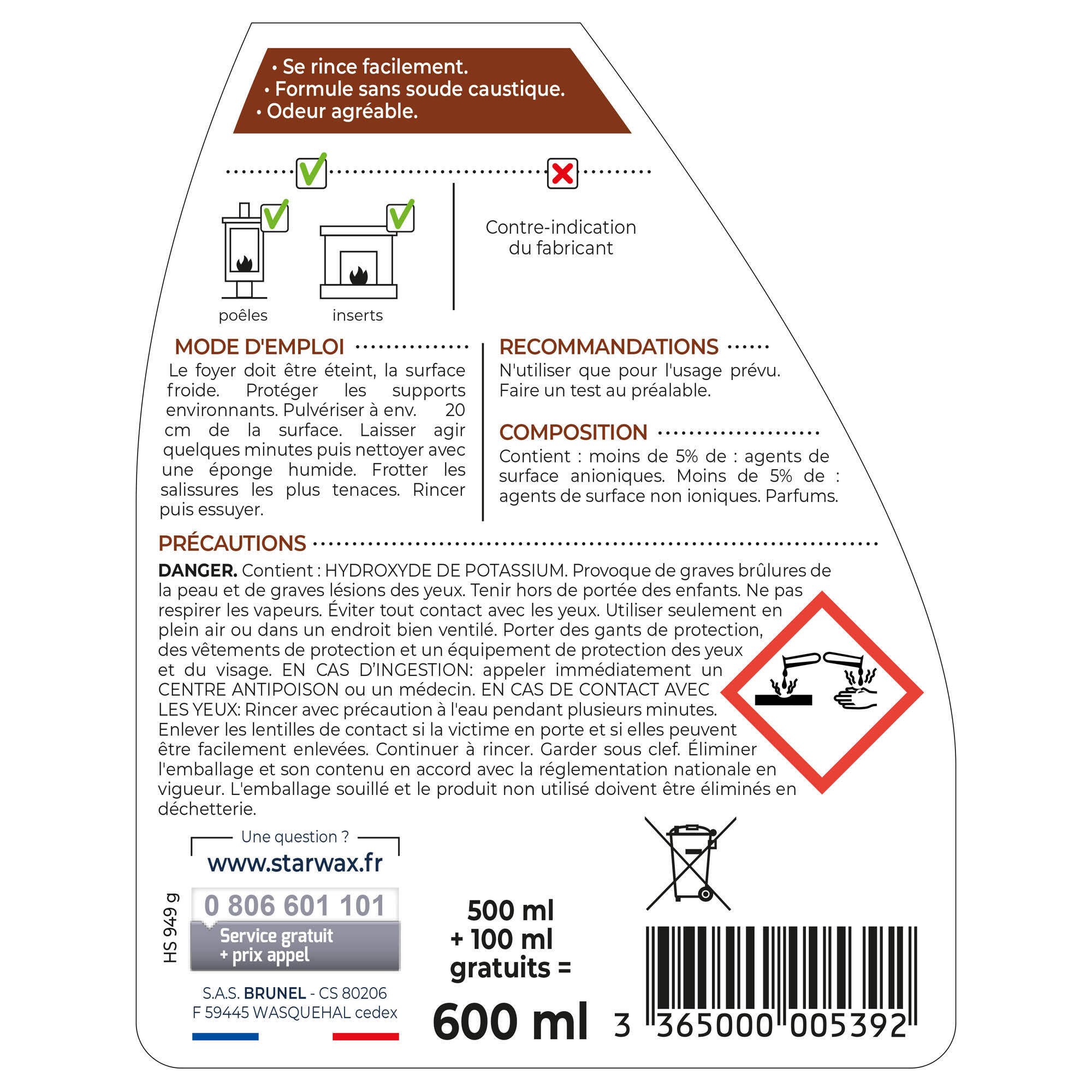 Nettoyant STARWAX Express spécial insert cheminée, 0.6L - 2