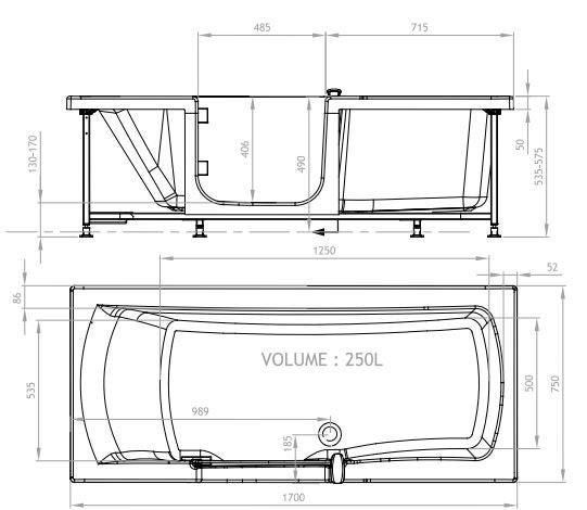 Baignoire rectangulaire L.170x l.75 cm blanc brillant, KINEDO Sourceo version ga - 7