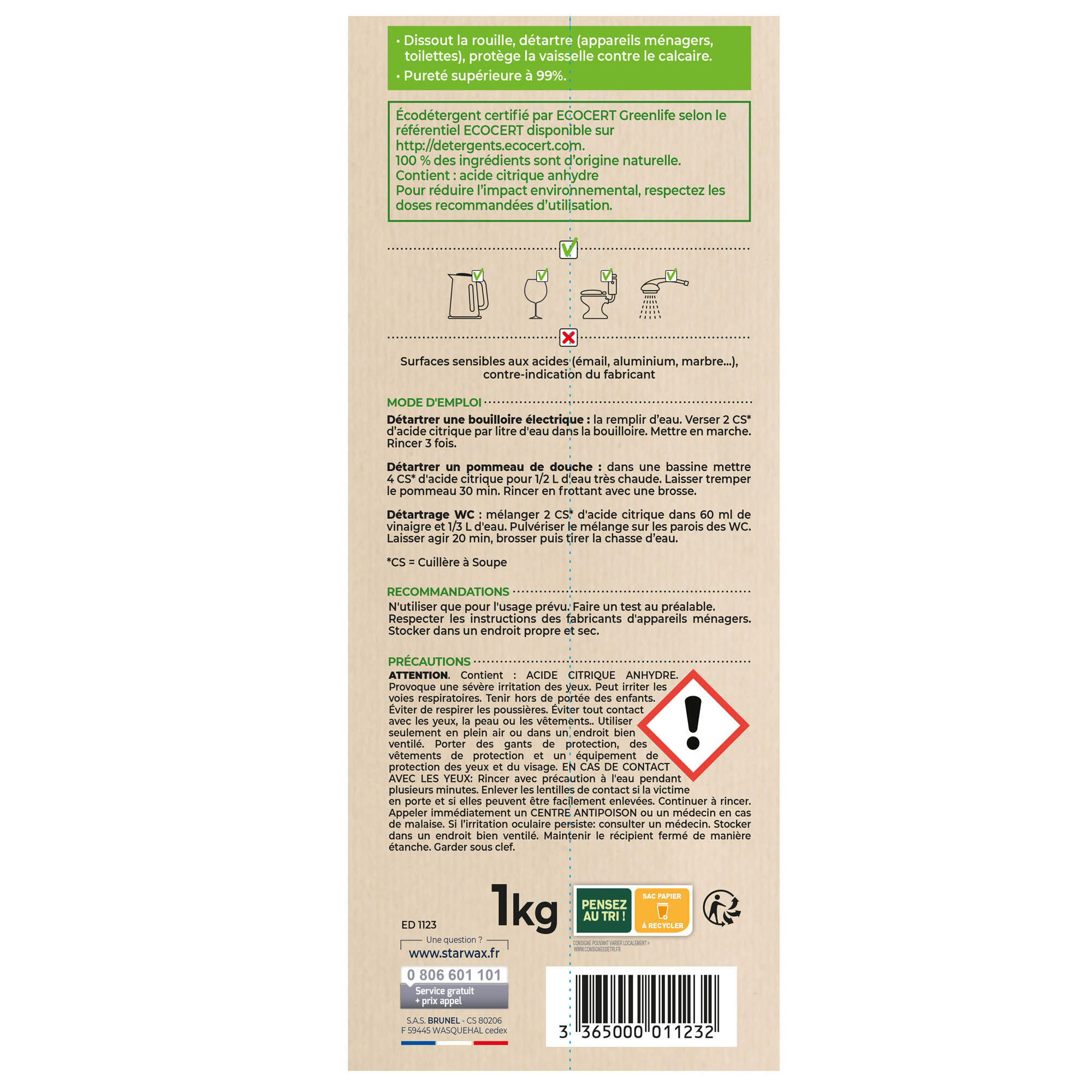 Acide Citrique SOLUVERT 1kg - Détartrant, Anti-rouille - Starwax - Usage Toilette & Salle De Bain