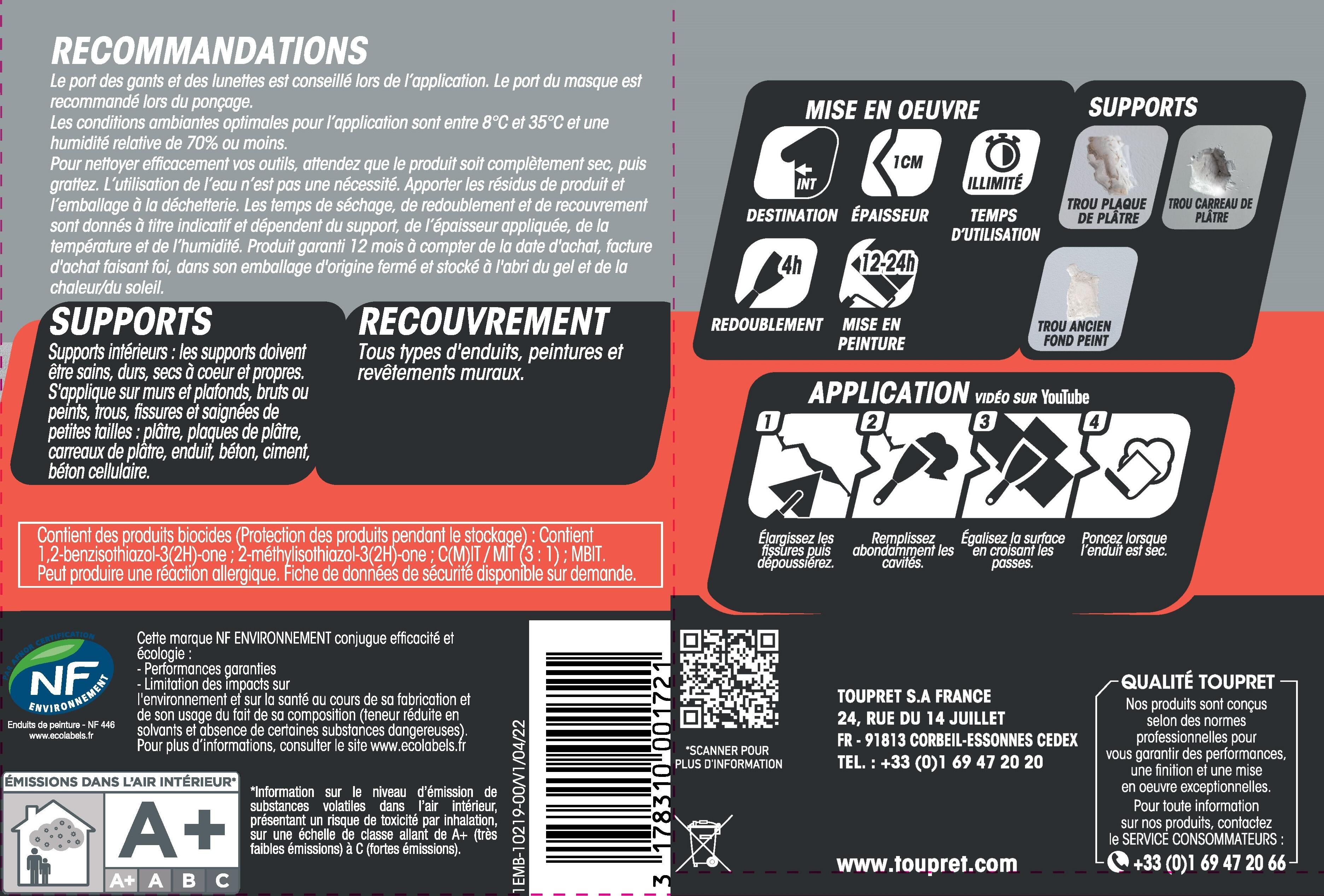 Enduit de rebouchage en pâte Rapid'rebouch TOUPRET blanc 1.25 kg - 4