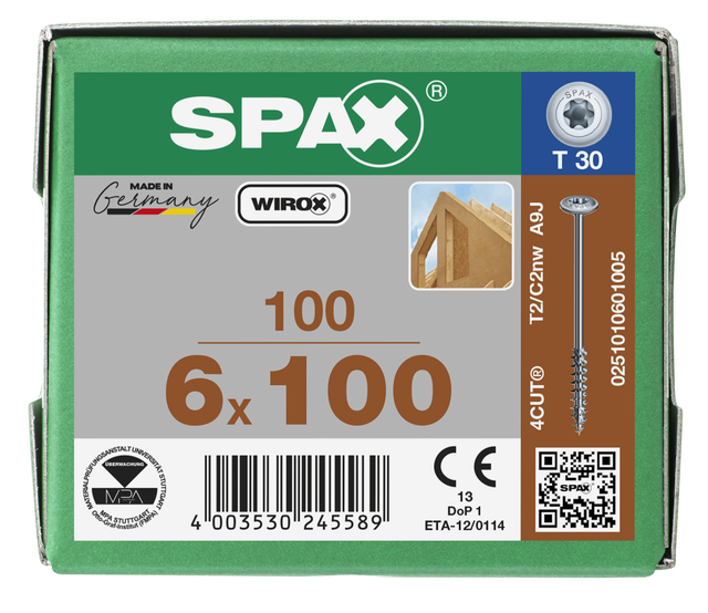 100 vis acier tête de disque extra large t-star+ SPAX, Ø6 x L.100 mm