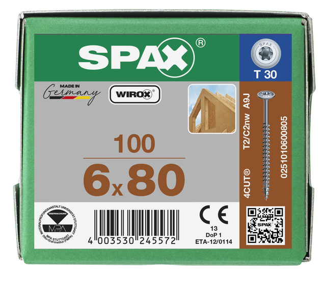 100 vis acier tête de disque extra large t-star+ SPAX, Ø6 x L.80 mm