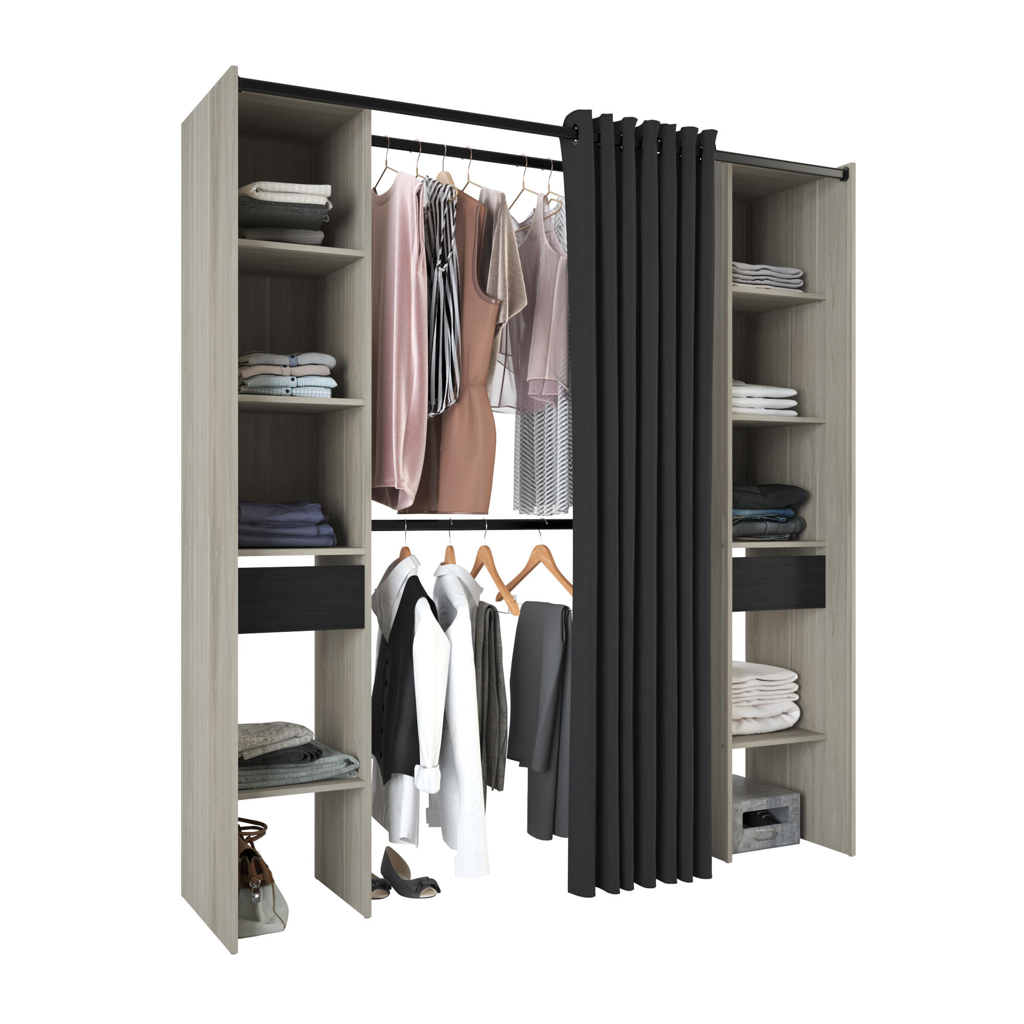 Kit dressing avec rideau chêne dakota et noir Indus H200xL125 à 182