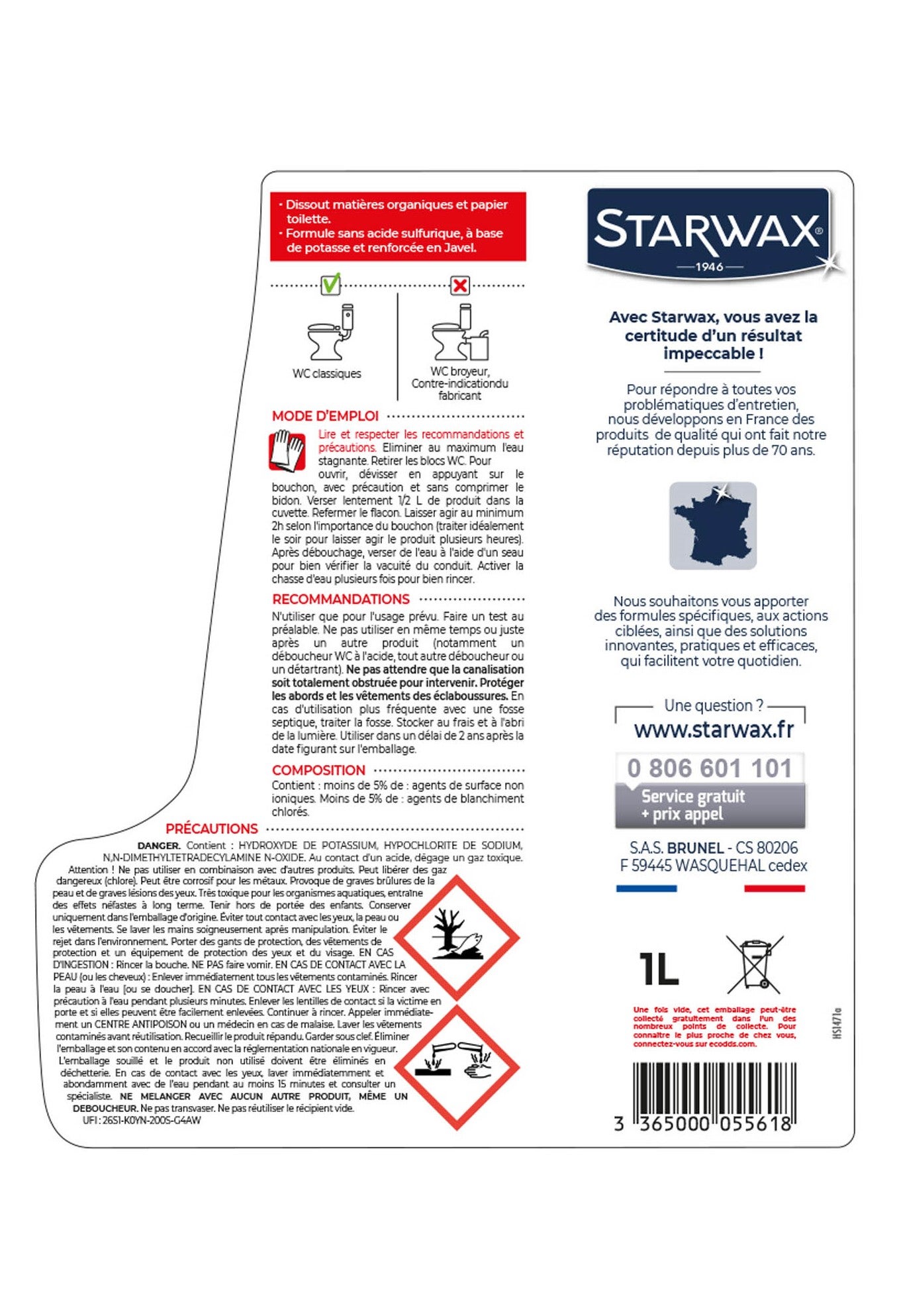 Déboucheur avec javel wc et canalisation STARWAX 1l - 5