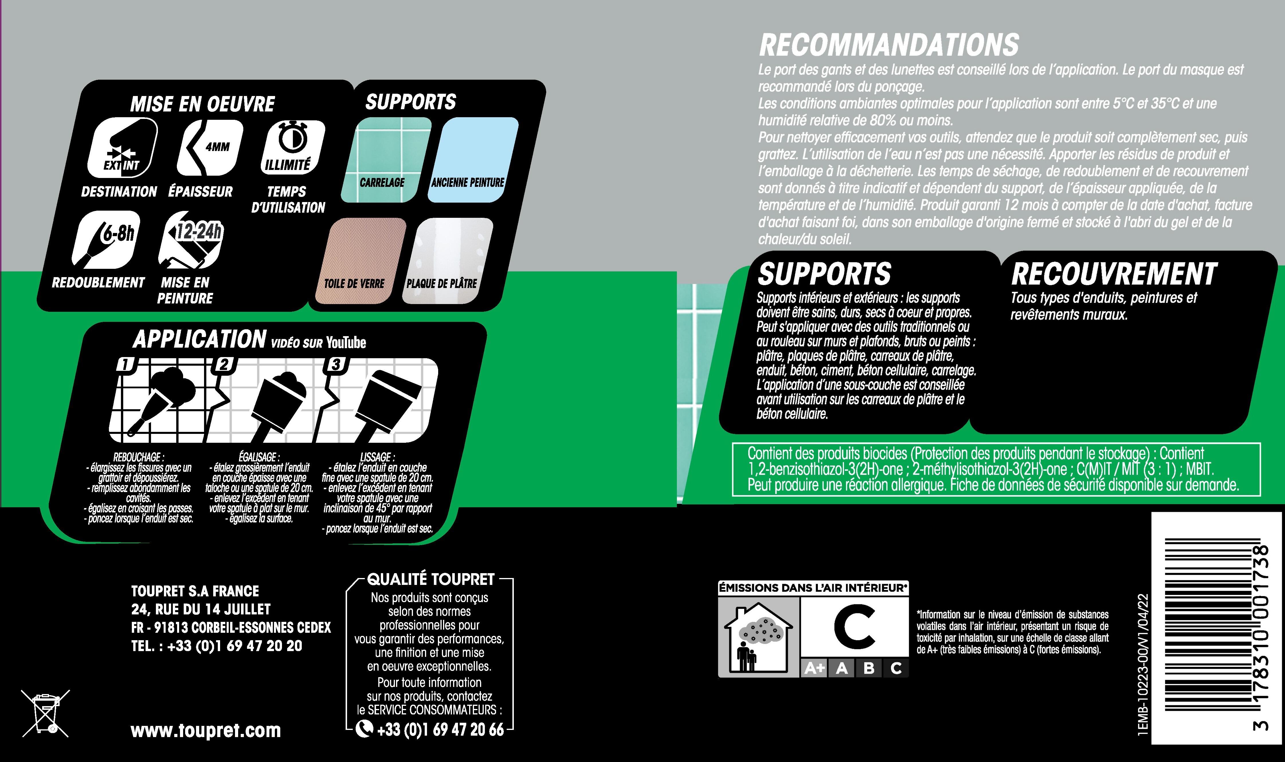 Enduit en pâte Multi' fonction TOUPRET blanc 1.25 kg - 5