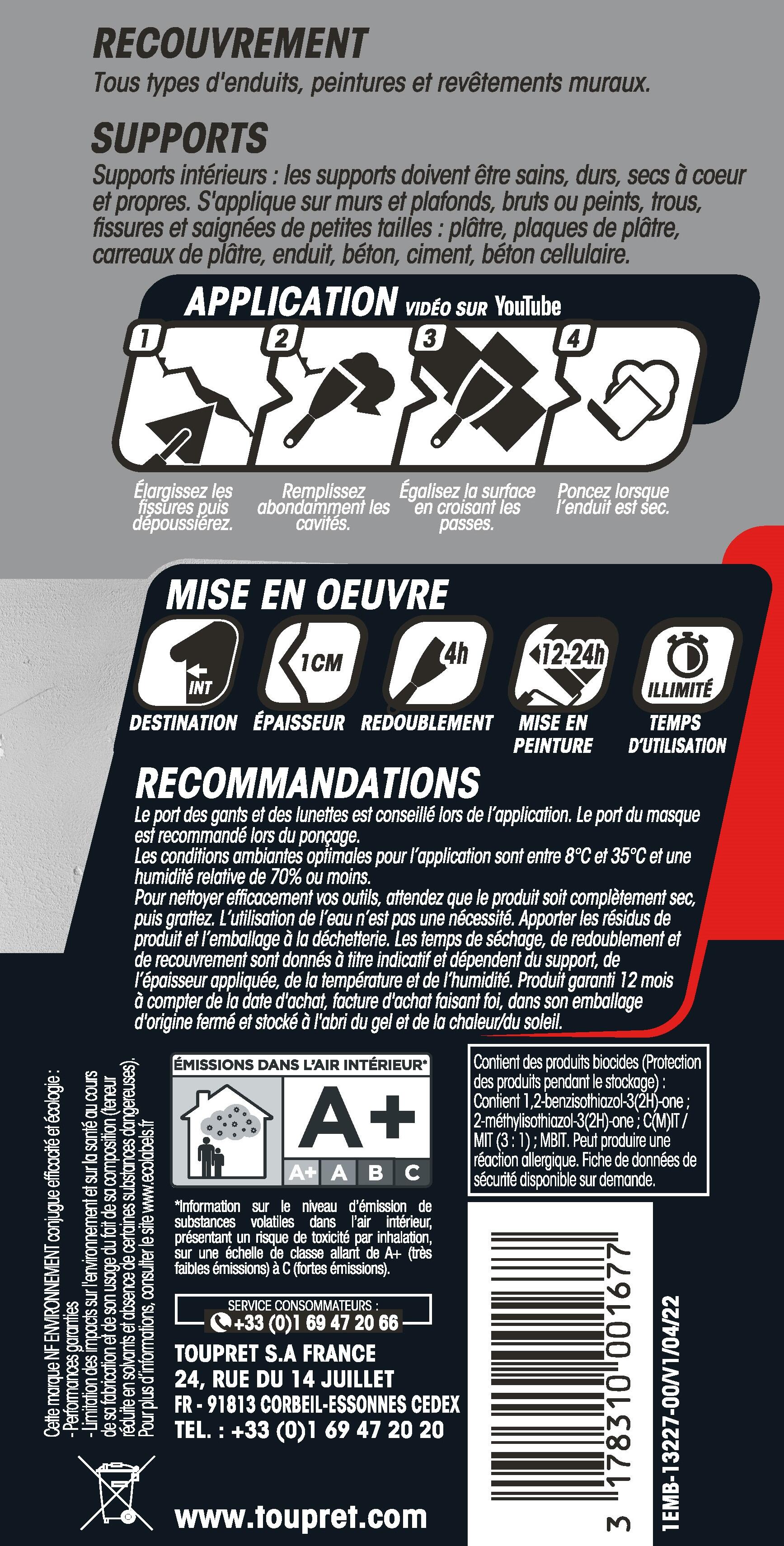 Enduit de rebouchage en pâte Rapid rebouch TOUPRET blanc 330 g - 5