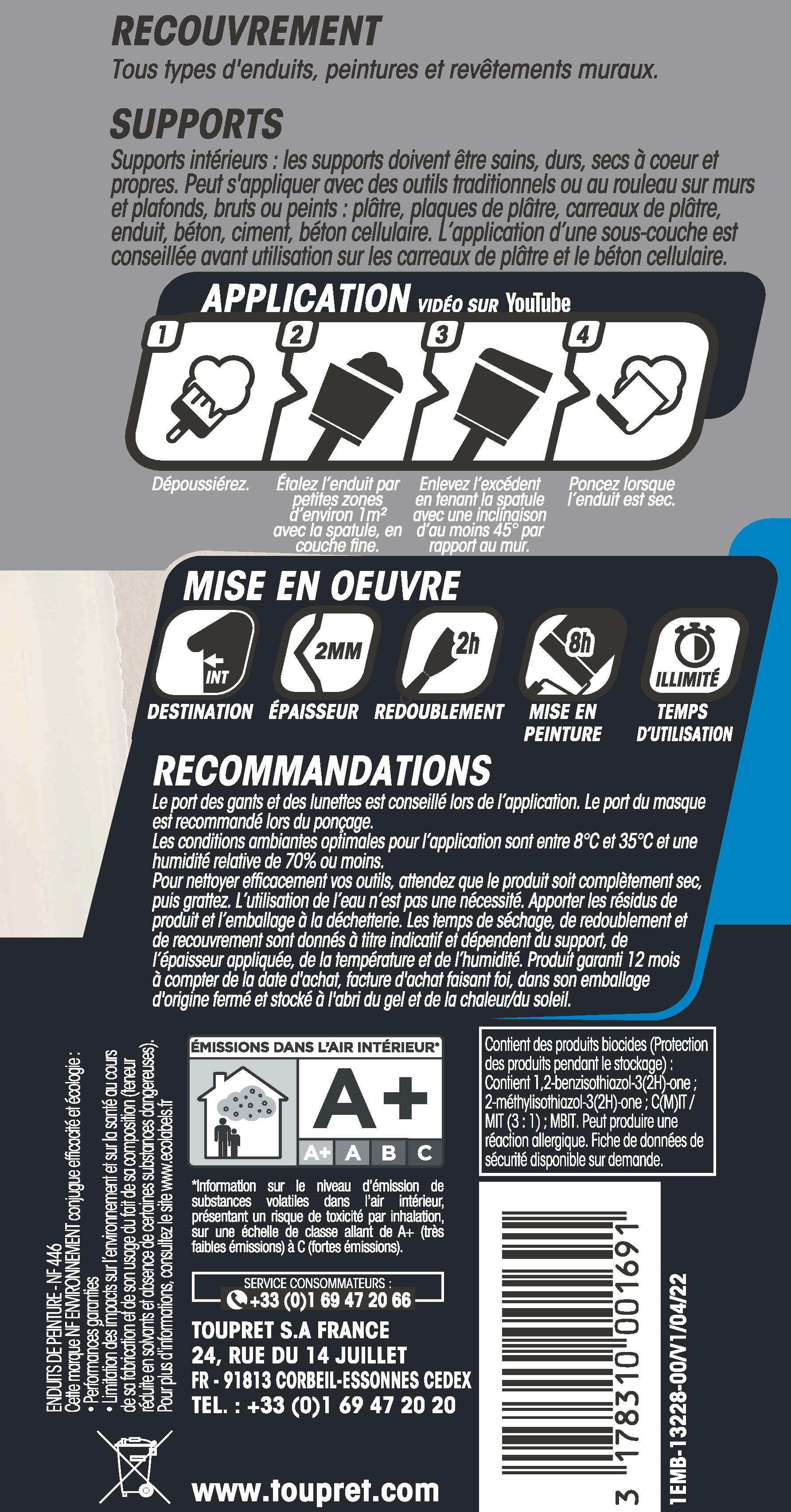 Enduit de lissage en pâte Rapid'liss TOUPRET blanc 330 g - 4