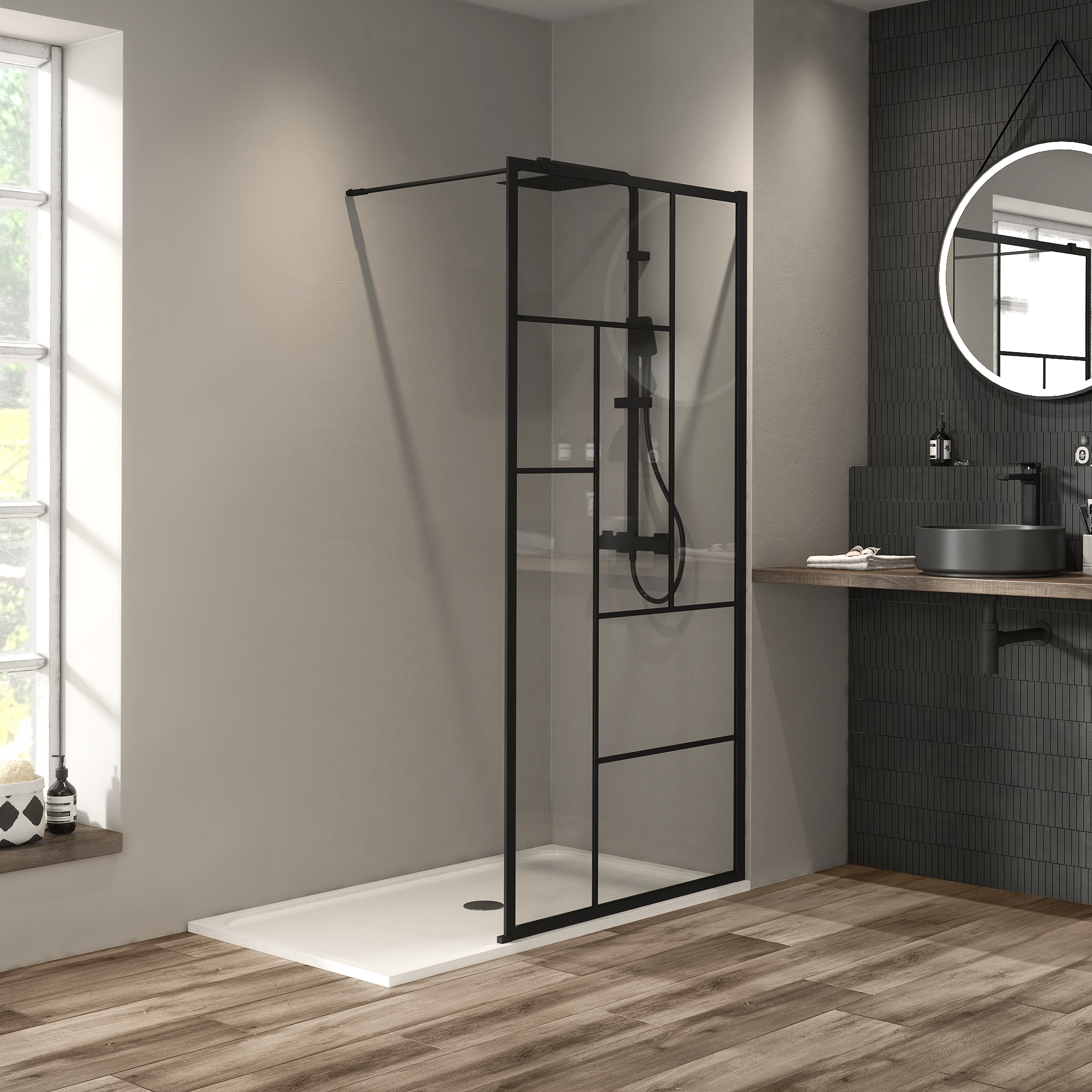 Mampara de ducha fija Studio perfil aluminio negro (97-98.5)x200 cm cristal templado 8mm transparente antical reversible. Barra fijación muro o techo recortable incluida Sensea - 8