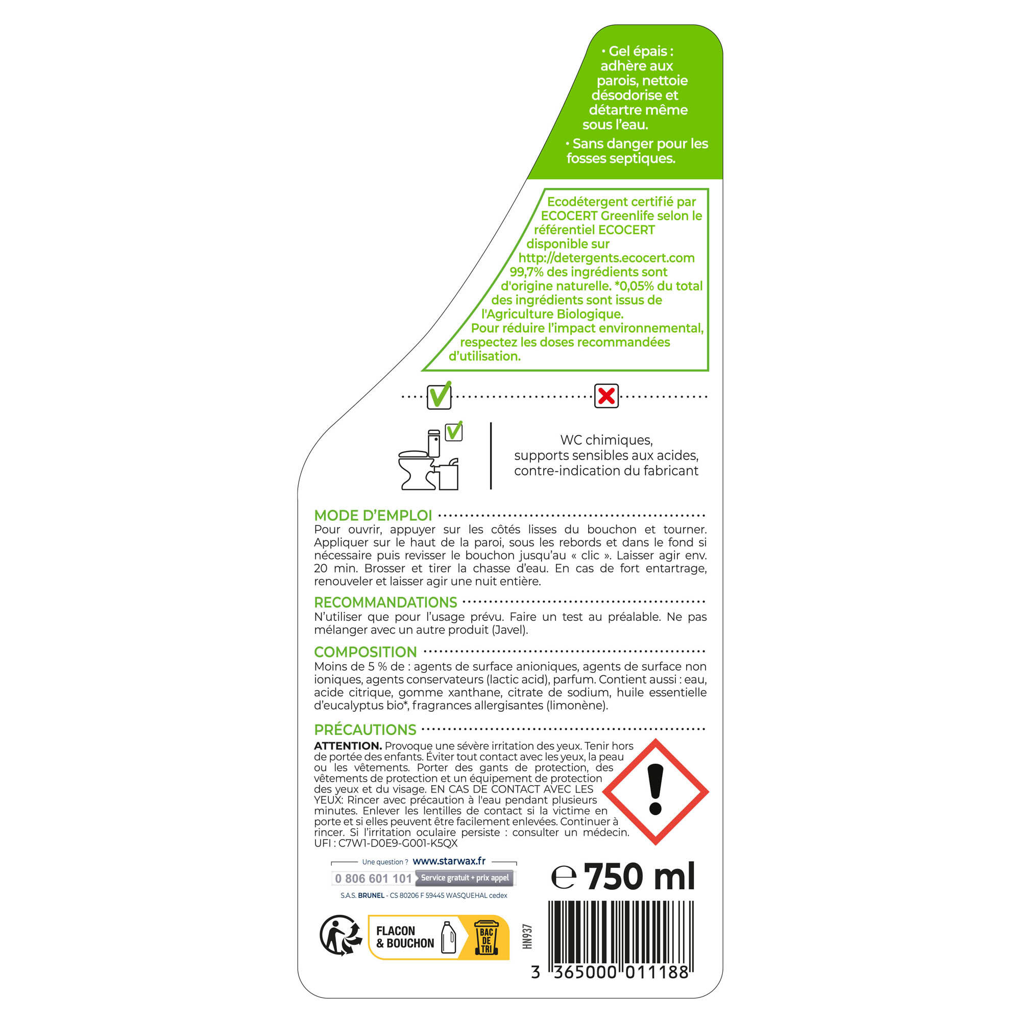Détartrant WC STARWAX Soluvert en gel, 0.75L - 3