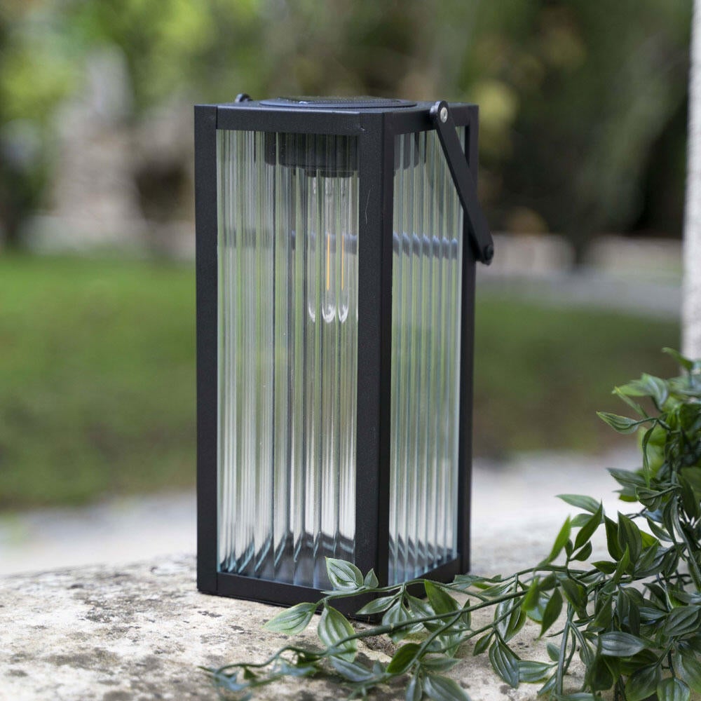 Lanterne Solaire Nomade Noire En Verre Ciselé Et Métal - Éclairage Ambiance LED 3000K - IP44 - 26 Cm - 3