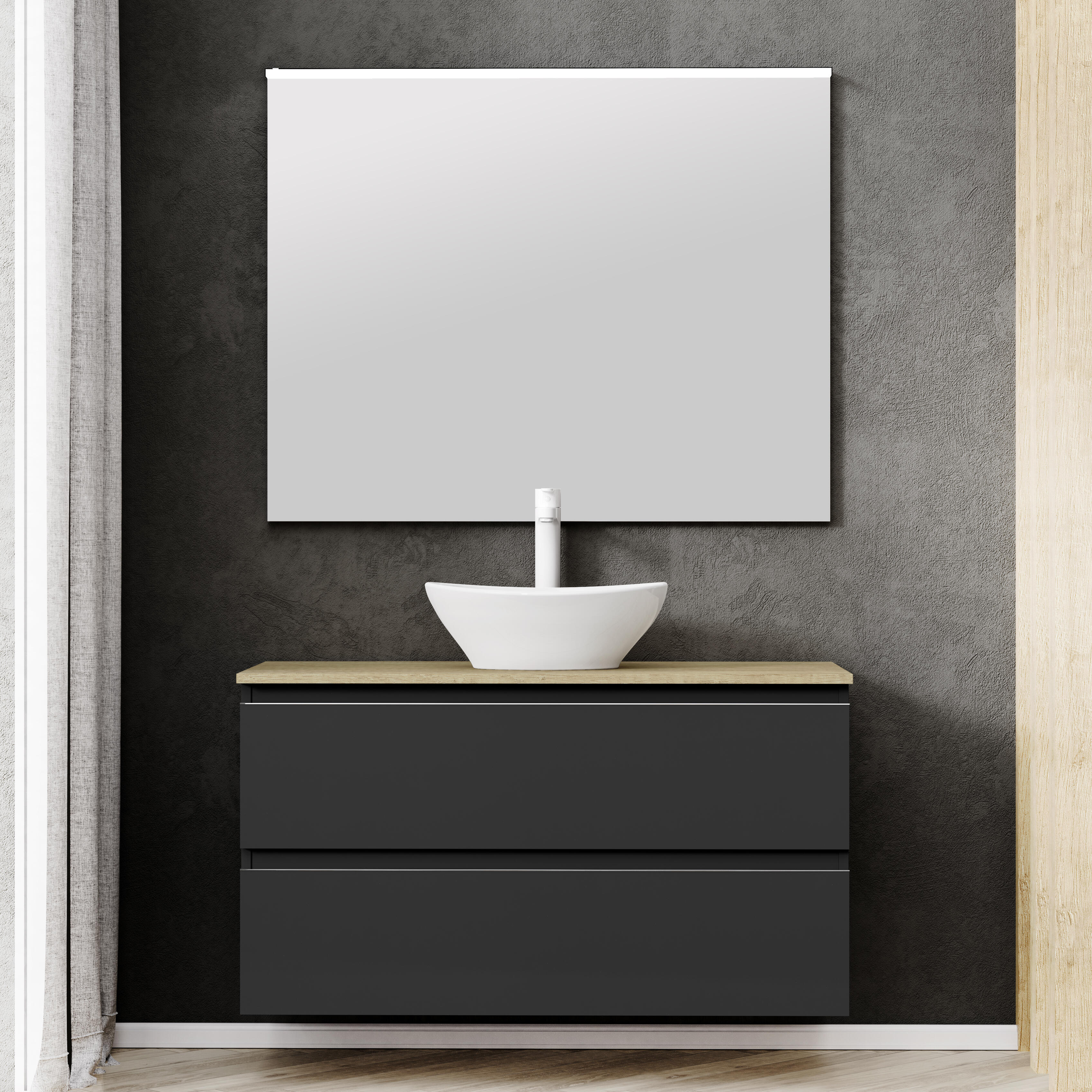 Mueble de baño con lavabo y espejo dueto negro satinado 100x44.6 cm