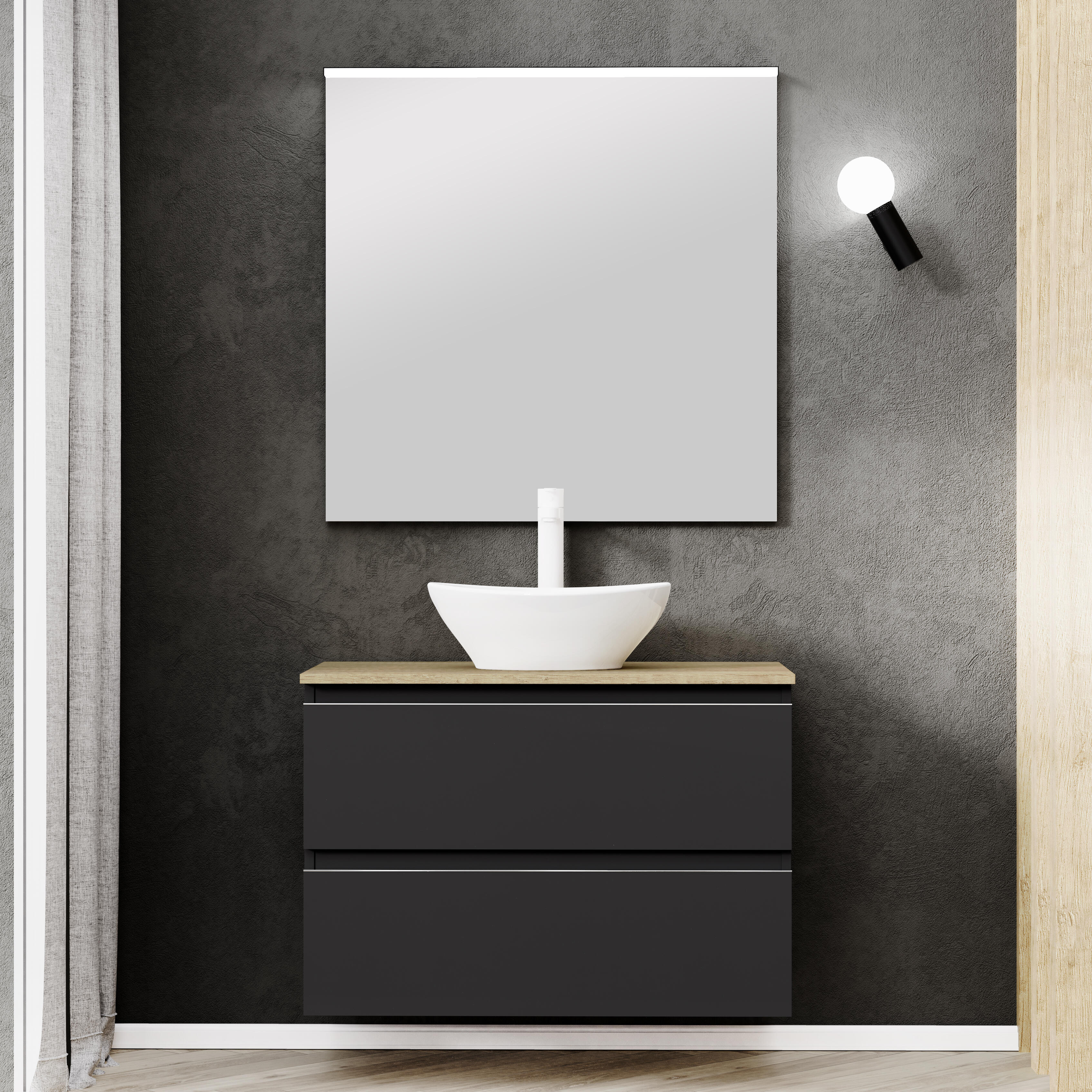Mueble de baño con lavabo y espejo dueto negro satinado 80x44.6 cm