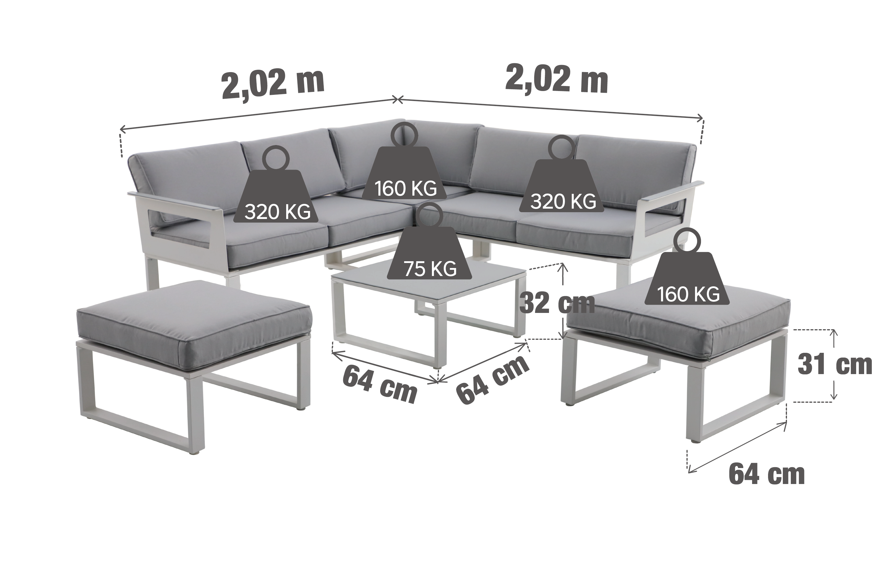Salotto da giardino angolare per 7 persone bianco Odyssea NATERIAL con cuscini in poliestere grigio - 26