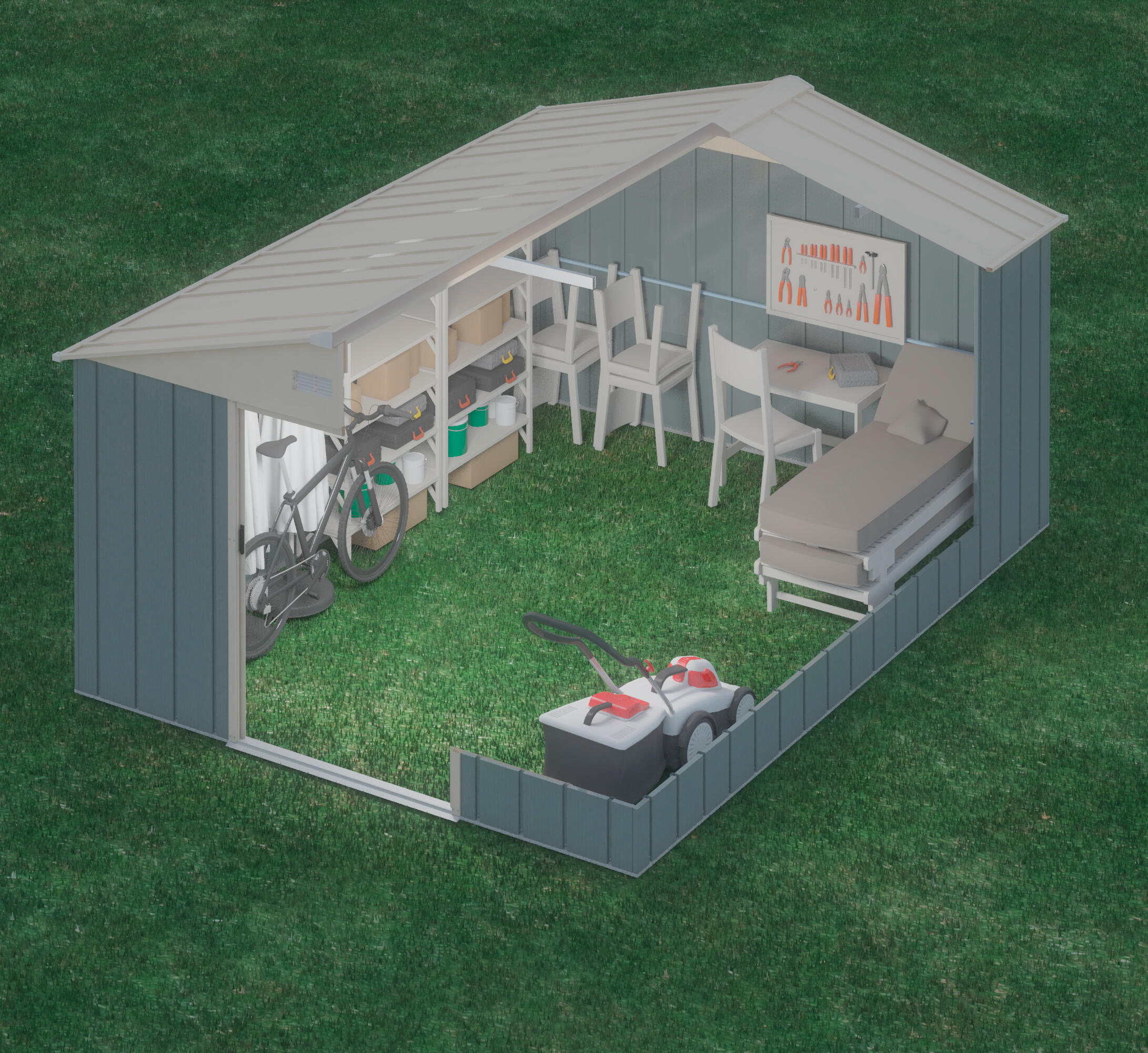 Caseta de metal Anjala de 343x223x452 cm y 15.5 m2 con 0.25 mm espesor y doble puerta corredera HOGGAR - 8