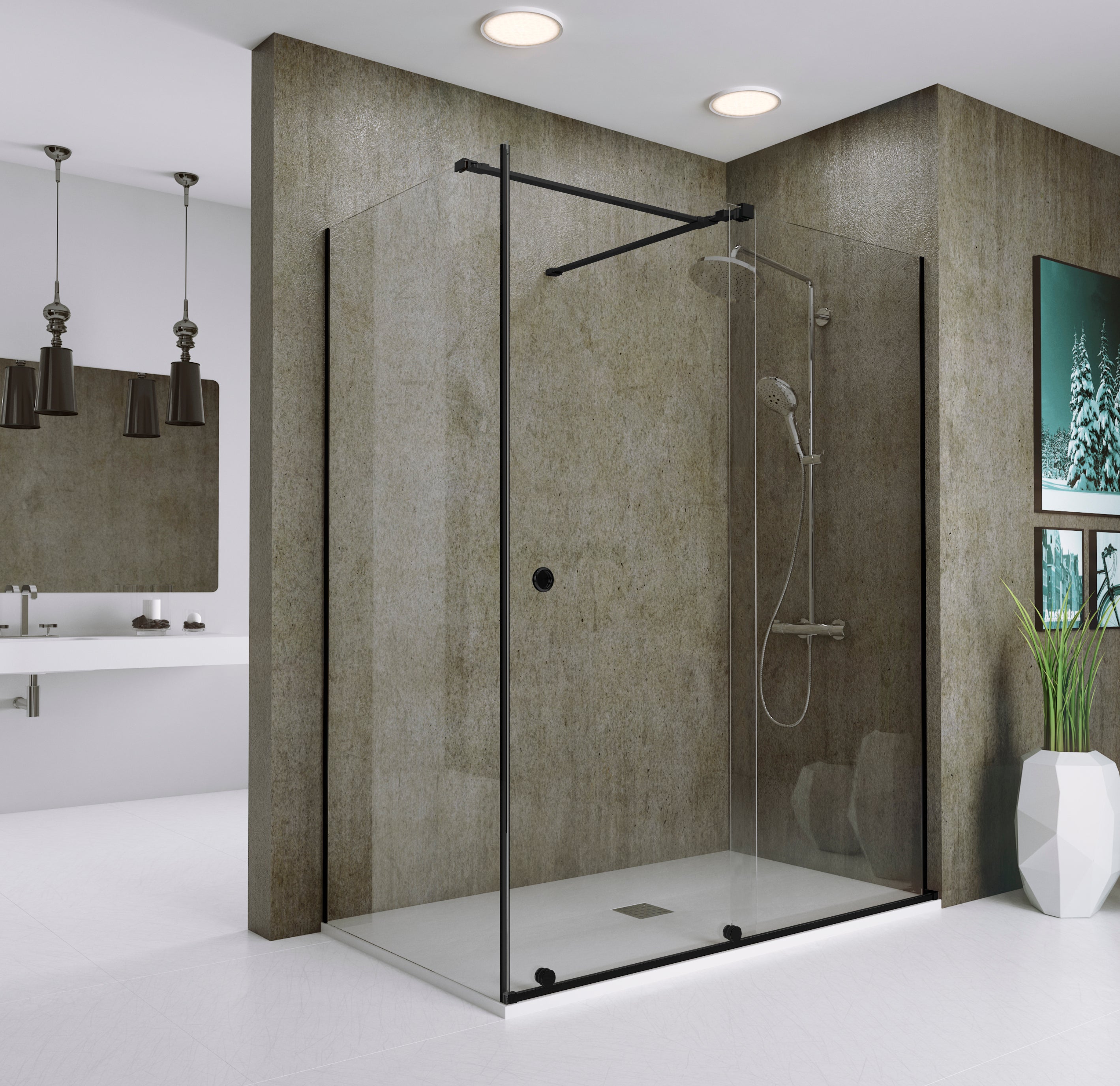 Mampara de ducha frontal con panel fijo lateral corredero transparente amea perfil negro (111-120)+80 x200 cm