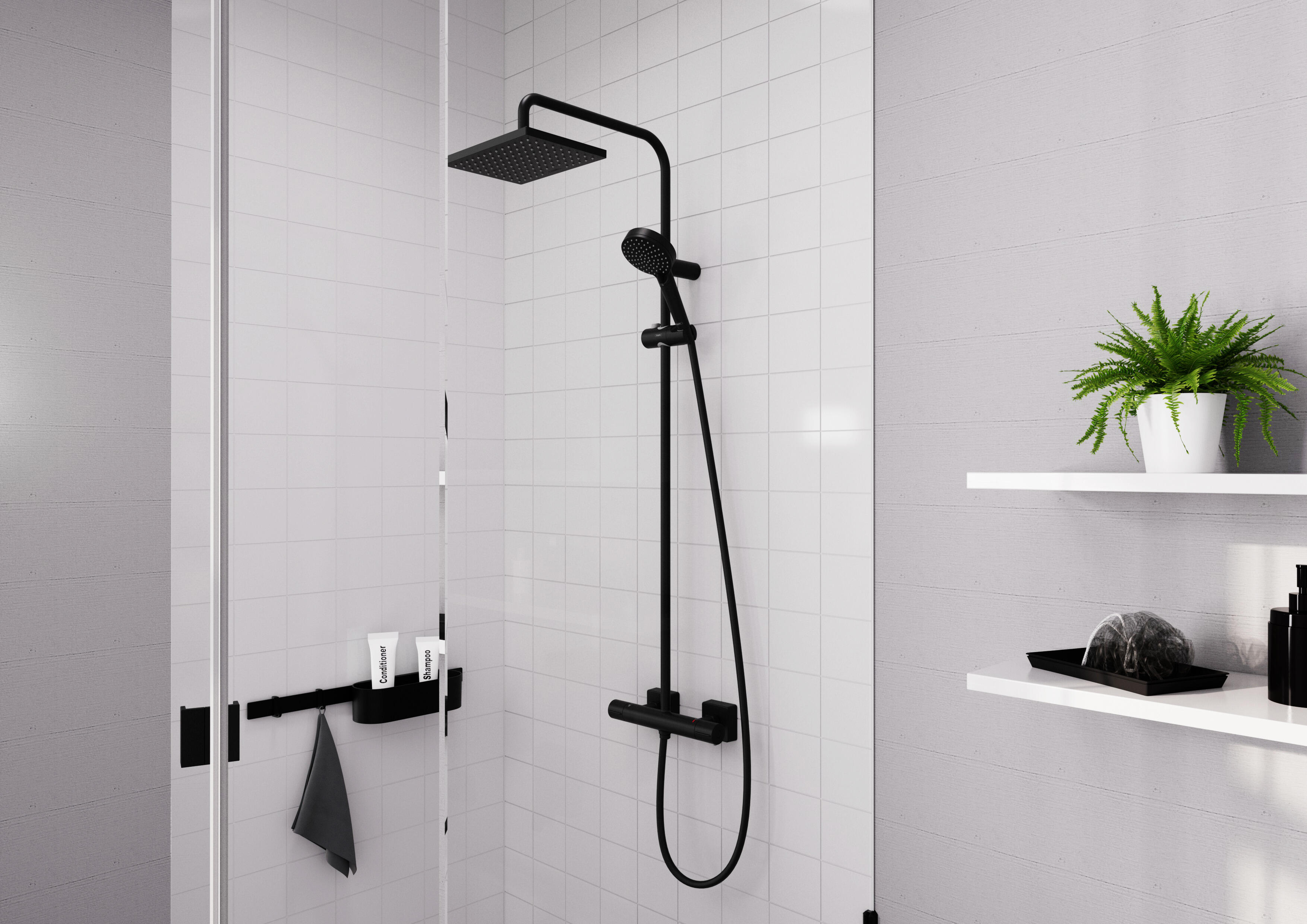 Colonne de douche avec robinet thermostatique, HANSGROHE Vernis shape eco, Noir - 2