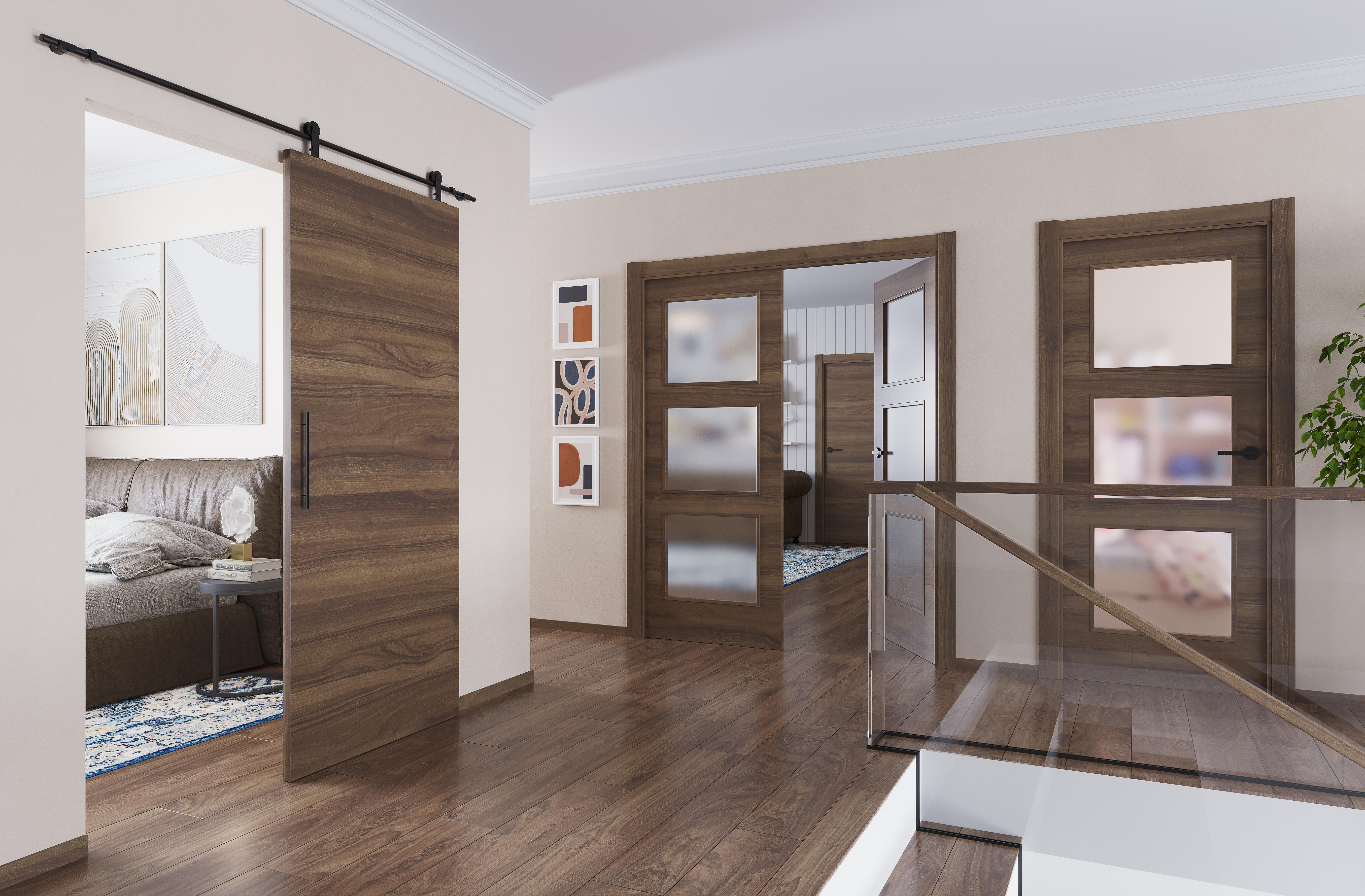 Puerta de interior corredera ciega maciza melamina Line Plus Oslo nogal con uñero anchura 82,5cm - 2