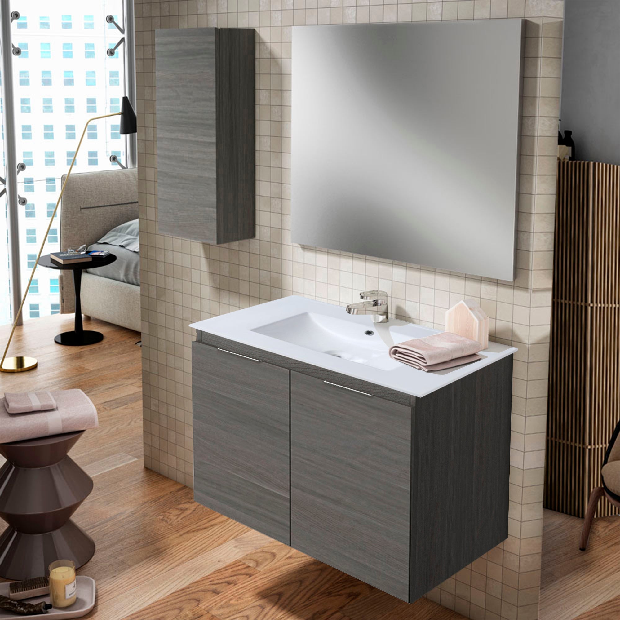 Mueble de baño con lavabo y espejo prima grafito 79.6x45.5 cm