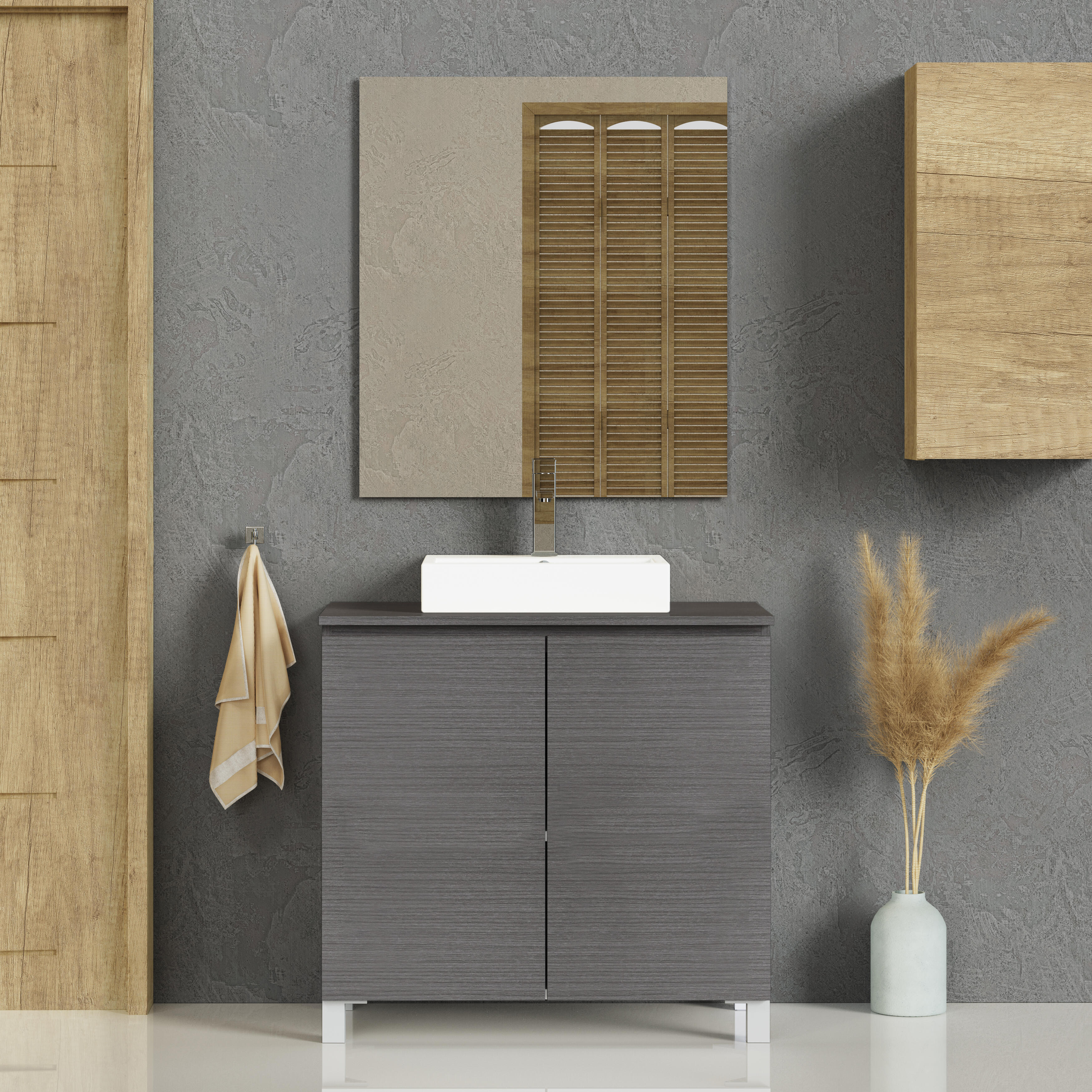 Pack de mueble de baño con lavabo y espejo cubo roble ceniza satinado 80x45.7 c