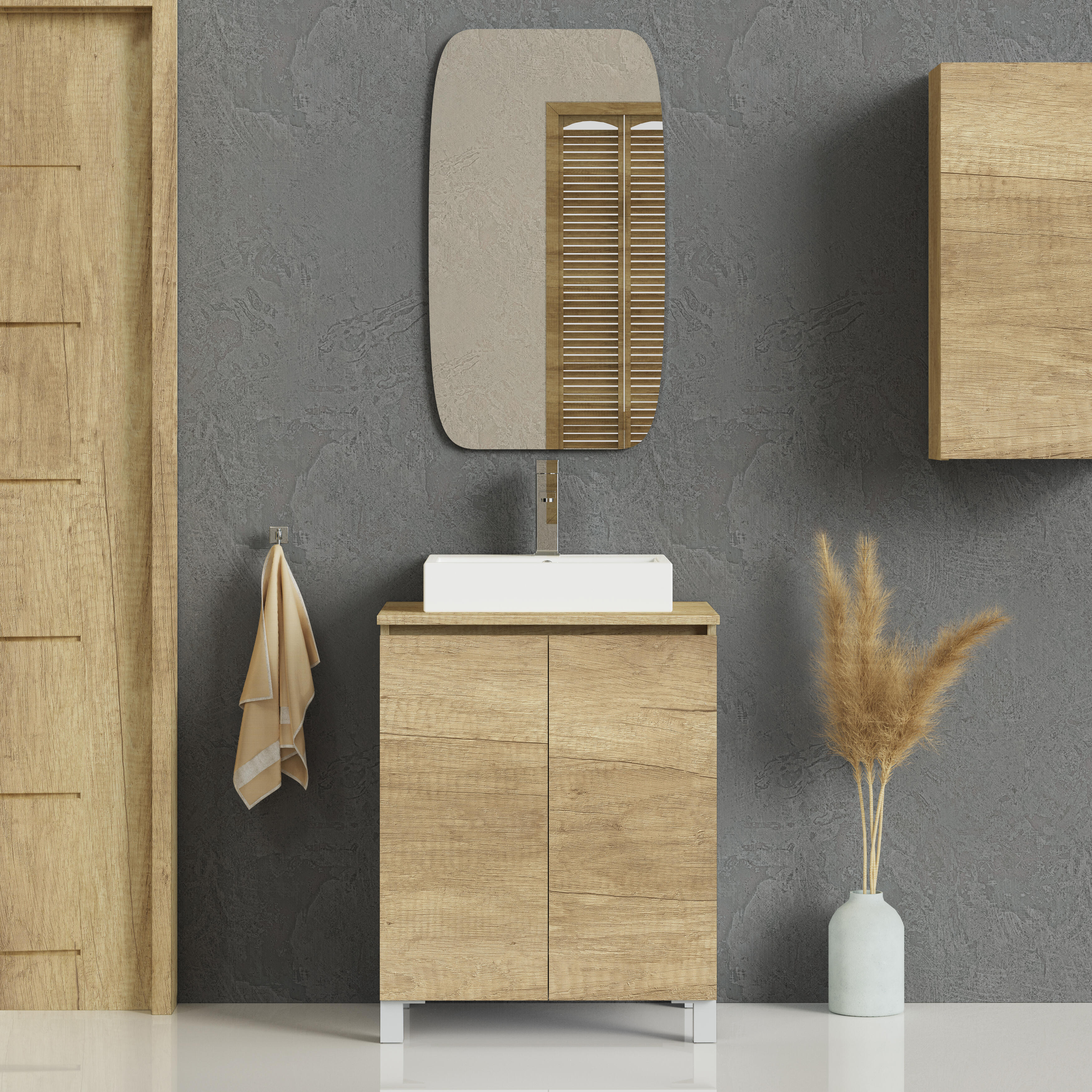 Mueble de baño con lavabo y espejo cubo 60 cm nature