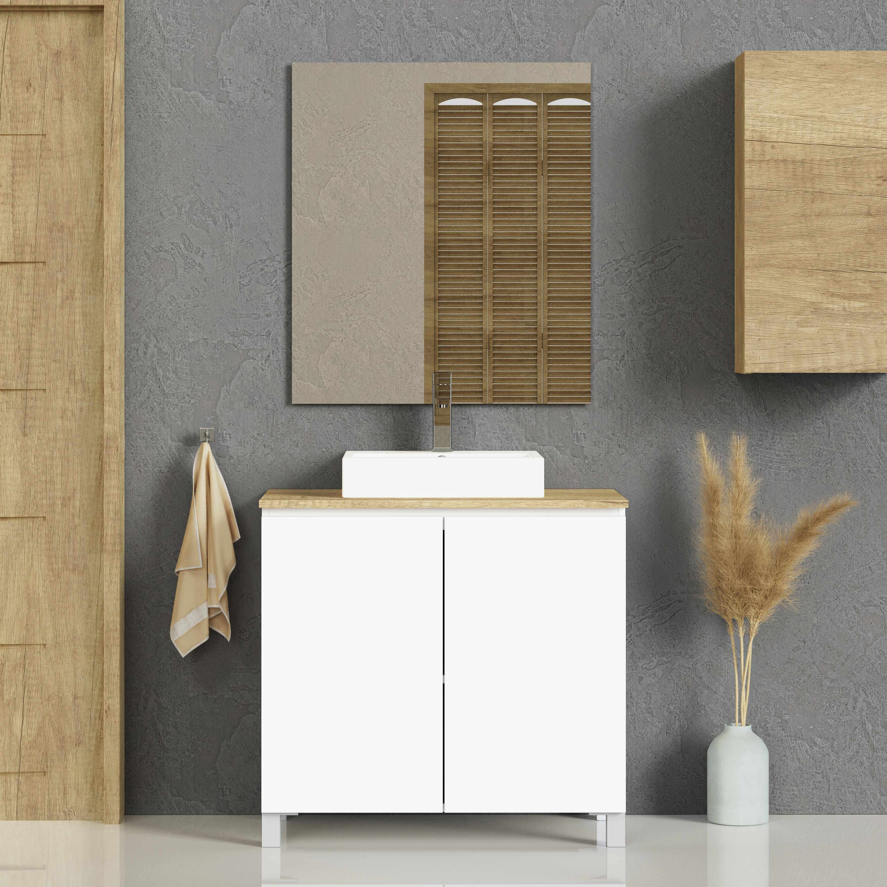 Mueble de baño con lavabo y espejo cubo blanco satinado 80x45.7 cm
