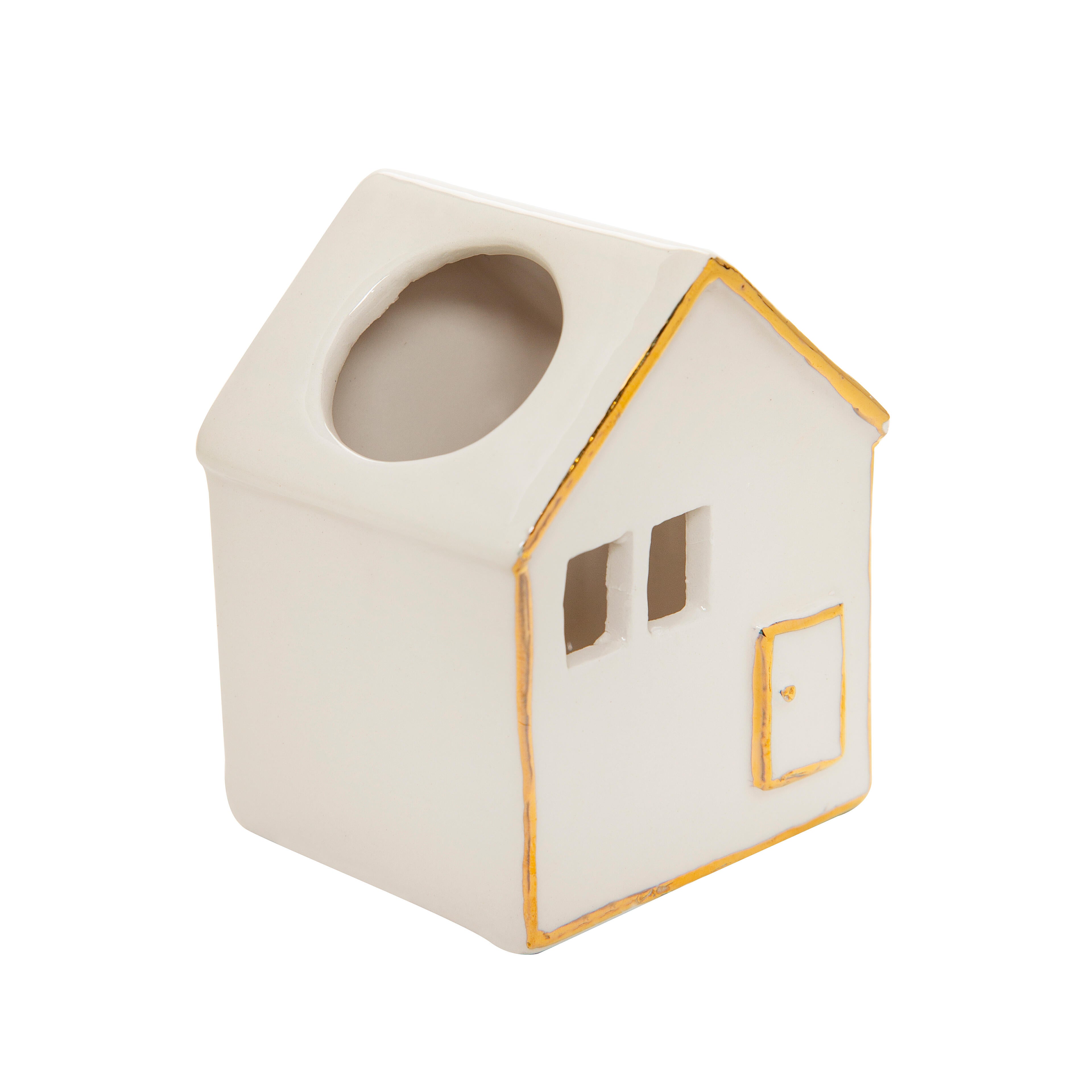 Porta vela decorativo cerámica cilíndrica Casa blanco 6x5.5 cm - 3