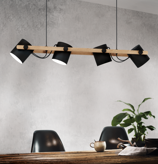 Lámpara de techo colgante de madera negra 4 luces E27 Hornwood 110 cm de ancho