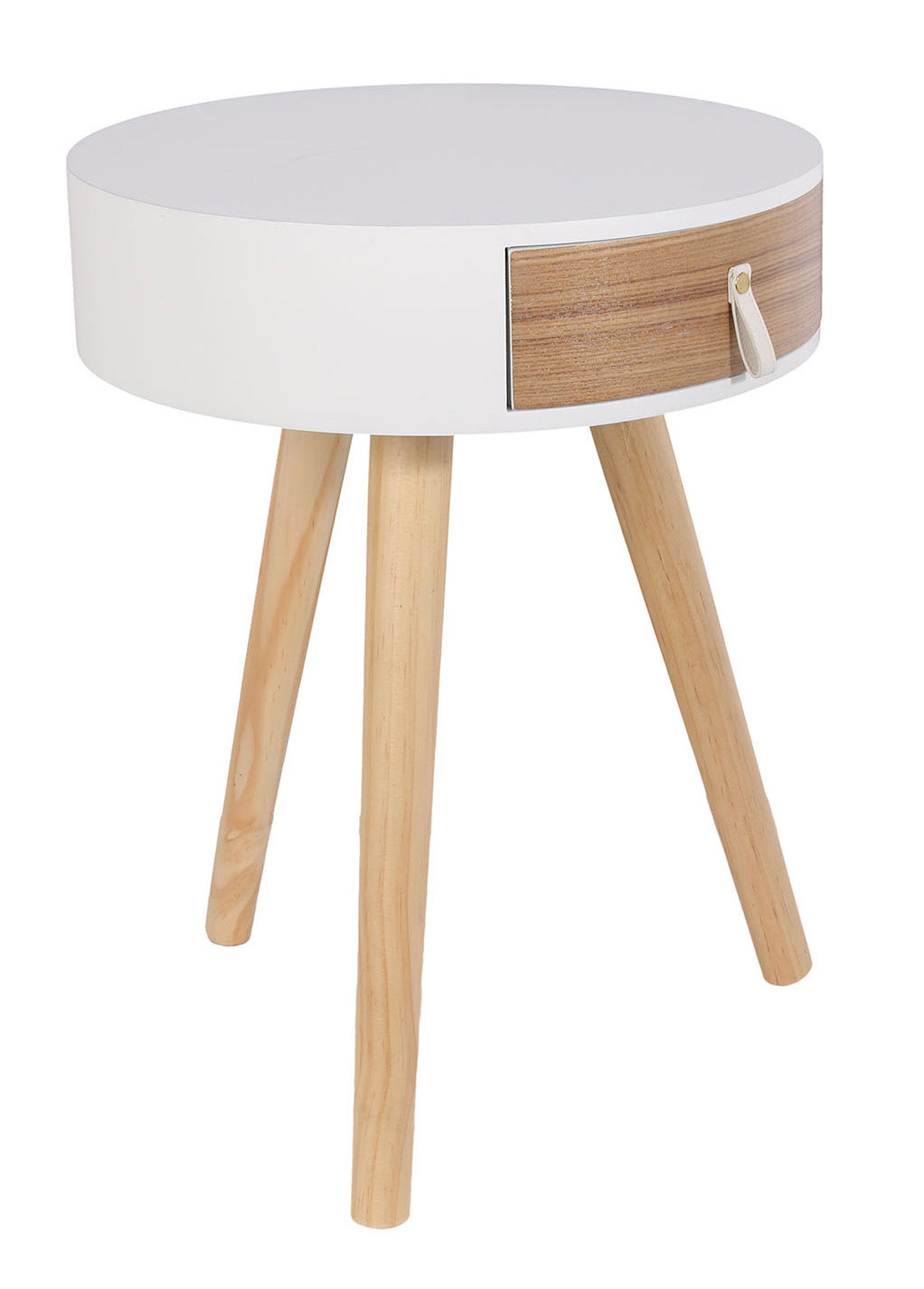 Mesita de noche redonda de madera color blanco con un cajón de 46,5x35x35cm