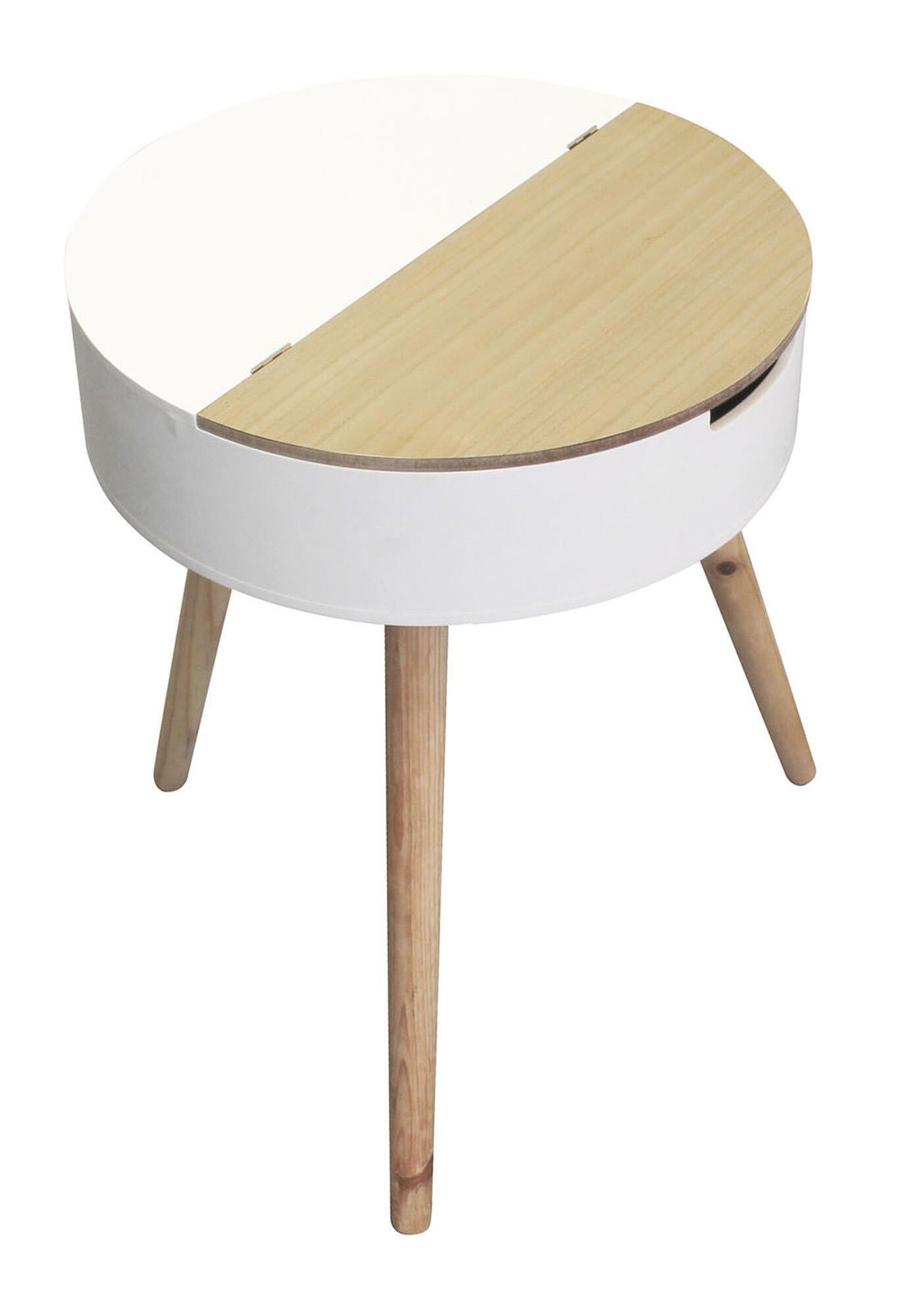 Mesita de noche redonda de madera color blanco con un cajón de 54,5x45x45cm