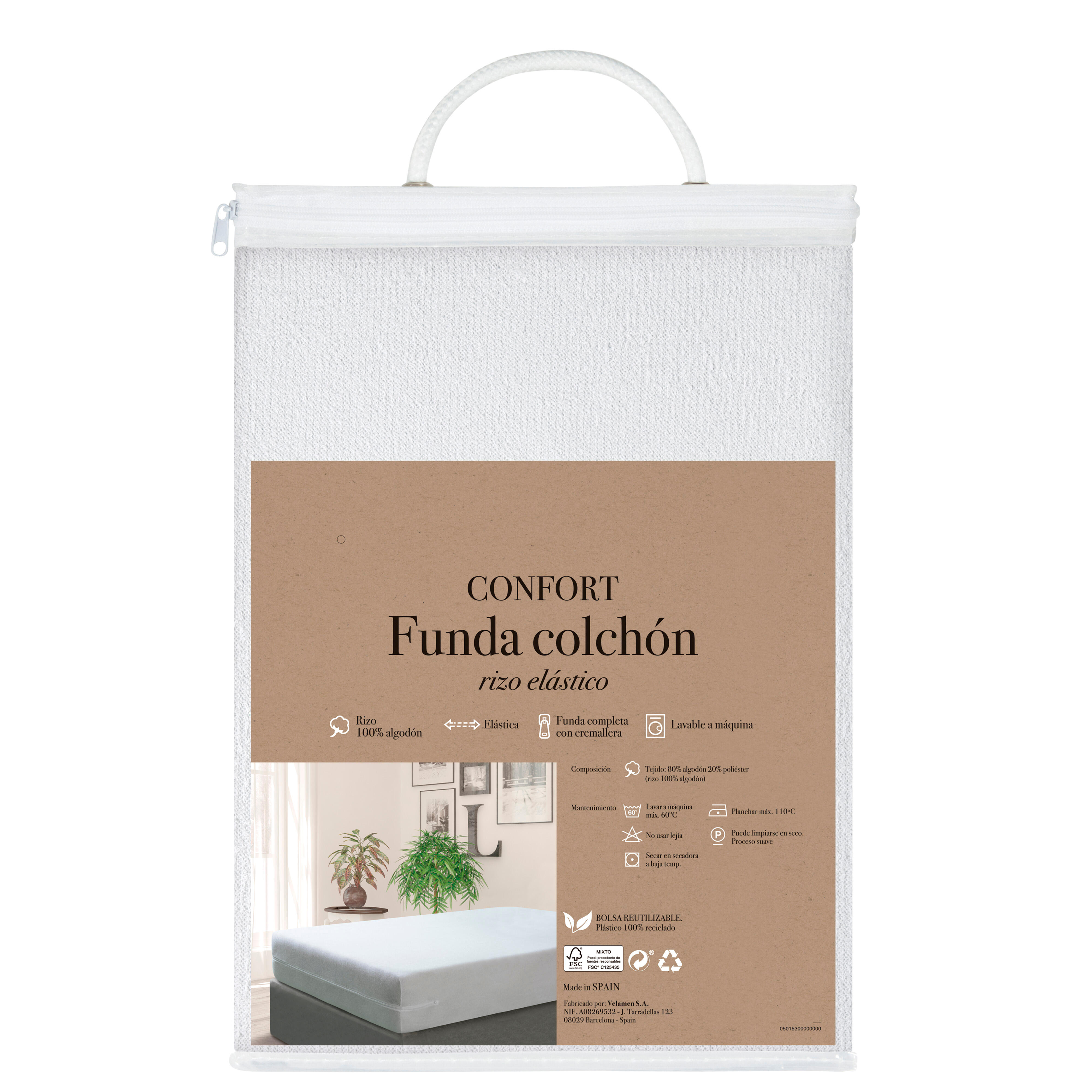 Funda de colchón Rizo Elástico tela algodón blanco para cama de 90 cm - 10