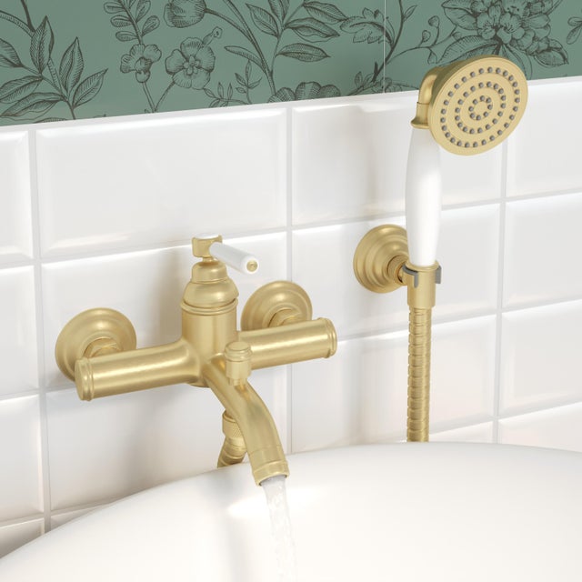 Mitigeur de bain mécanique, pommeau, flexible et support or, Charm, SENSEA