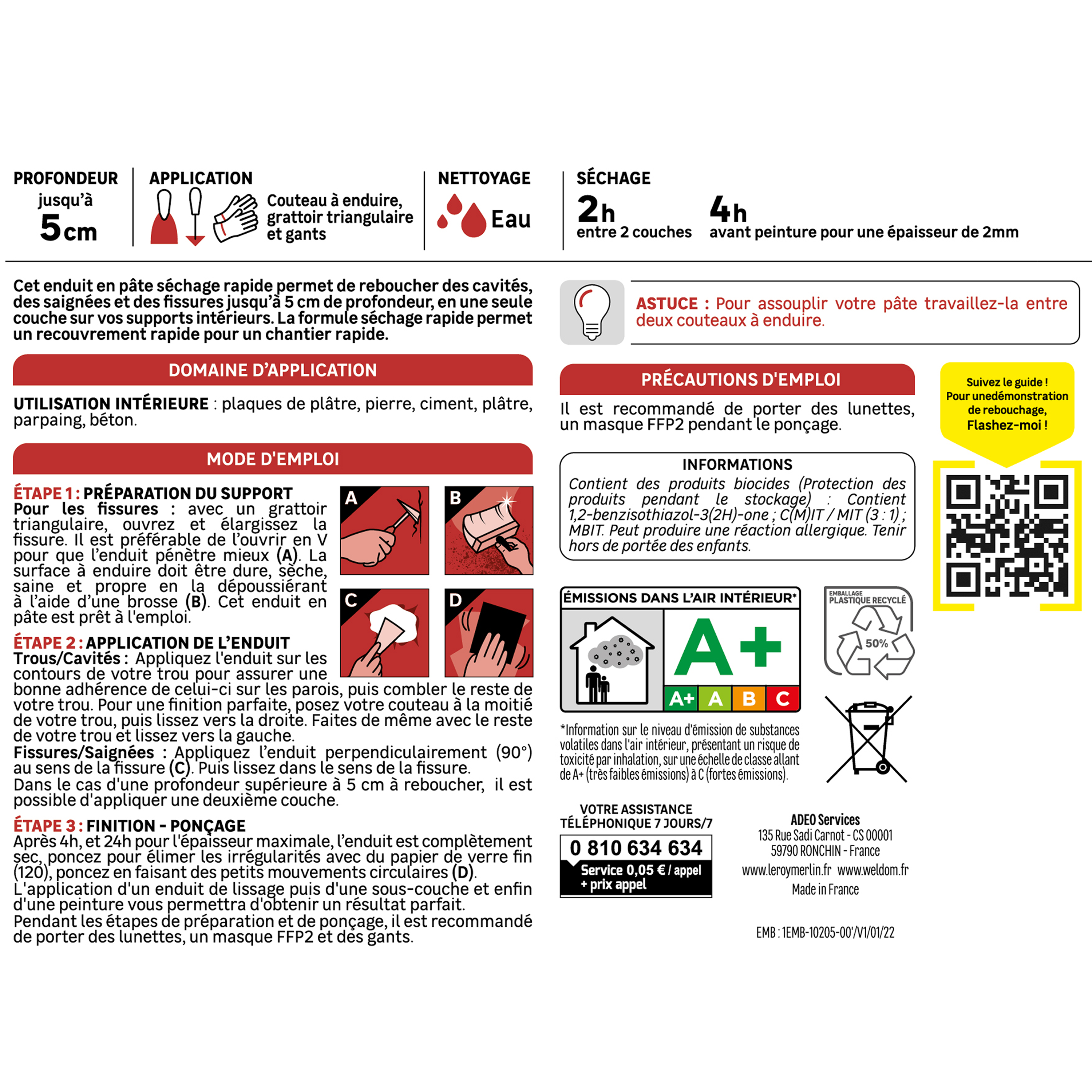 Enduit de rebouchage pâte Séchage rapide AXTON blanc 1L - 4