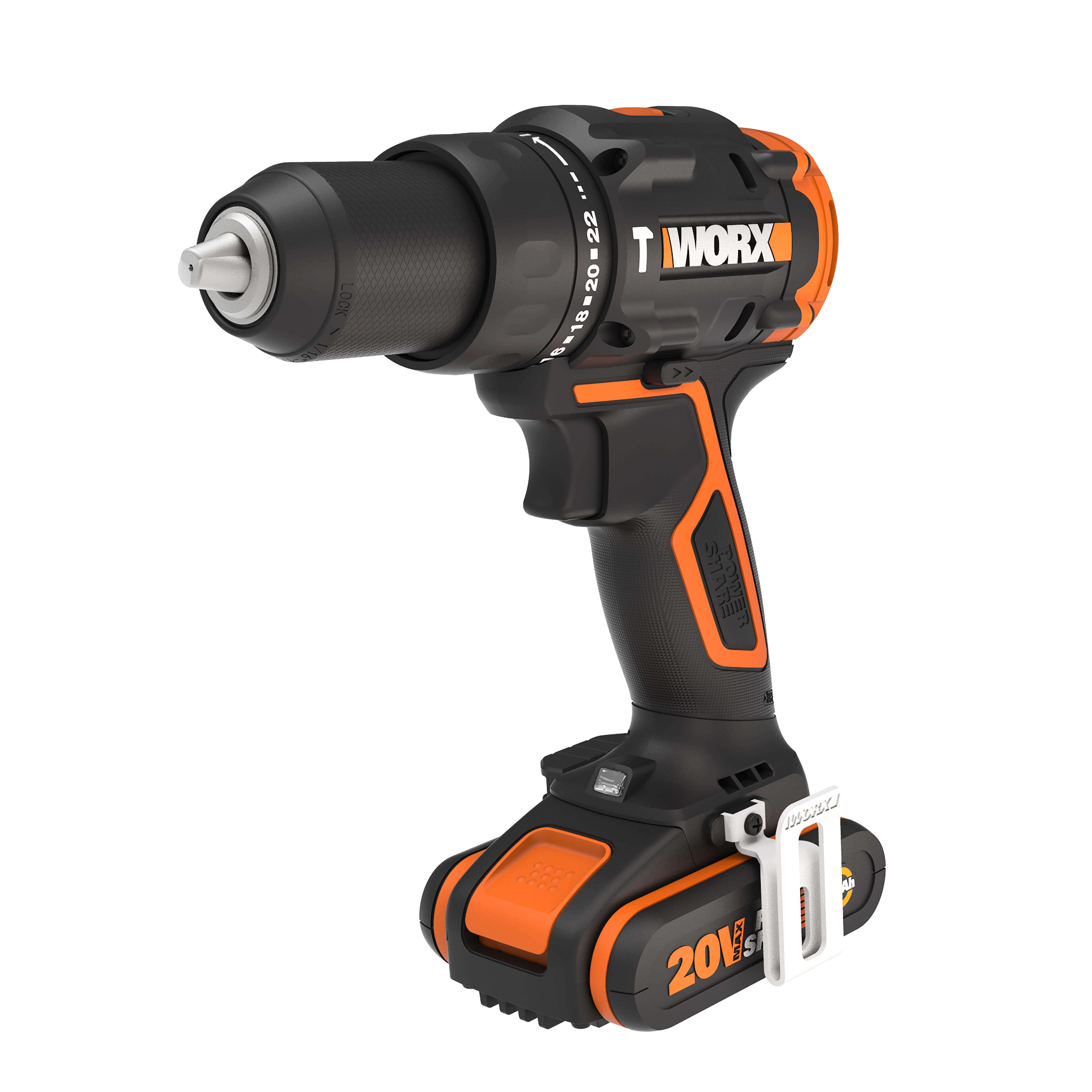 Taladro percutor a batería WORX 20V Brushless :2 Baterías de 20V / 2,0 Ah - Cargador rápido 1 hora, 1 Punta de atornillar doble, 1 estuche de 30pzs de brocas y puntas, 1 Clip de sujeción cinturón, Maletín de transporte - 9