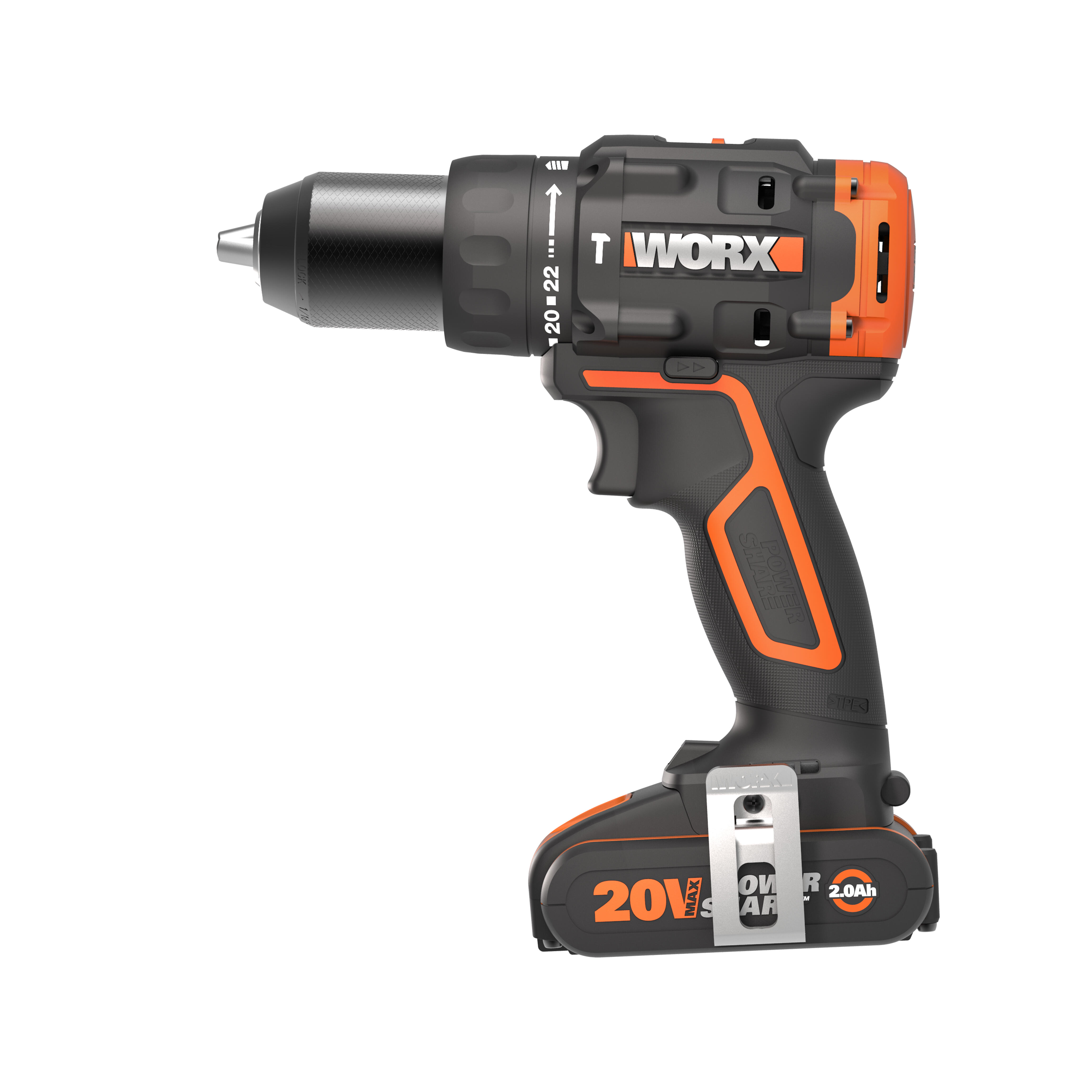 Taladro percutor a batería WORX 20V Brushless :2 Baterías de 20V / 2,0 Ah - Cargador rápido 1 hora, 1 Punta de atornillar doble, 1 estuche de 30pzs de brocas y puntas, 1 Clip de sujeción cinturón, Maletín de transporte - 10