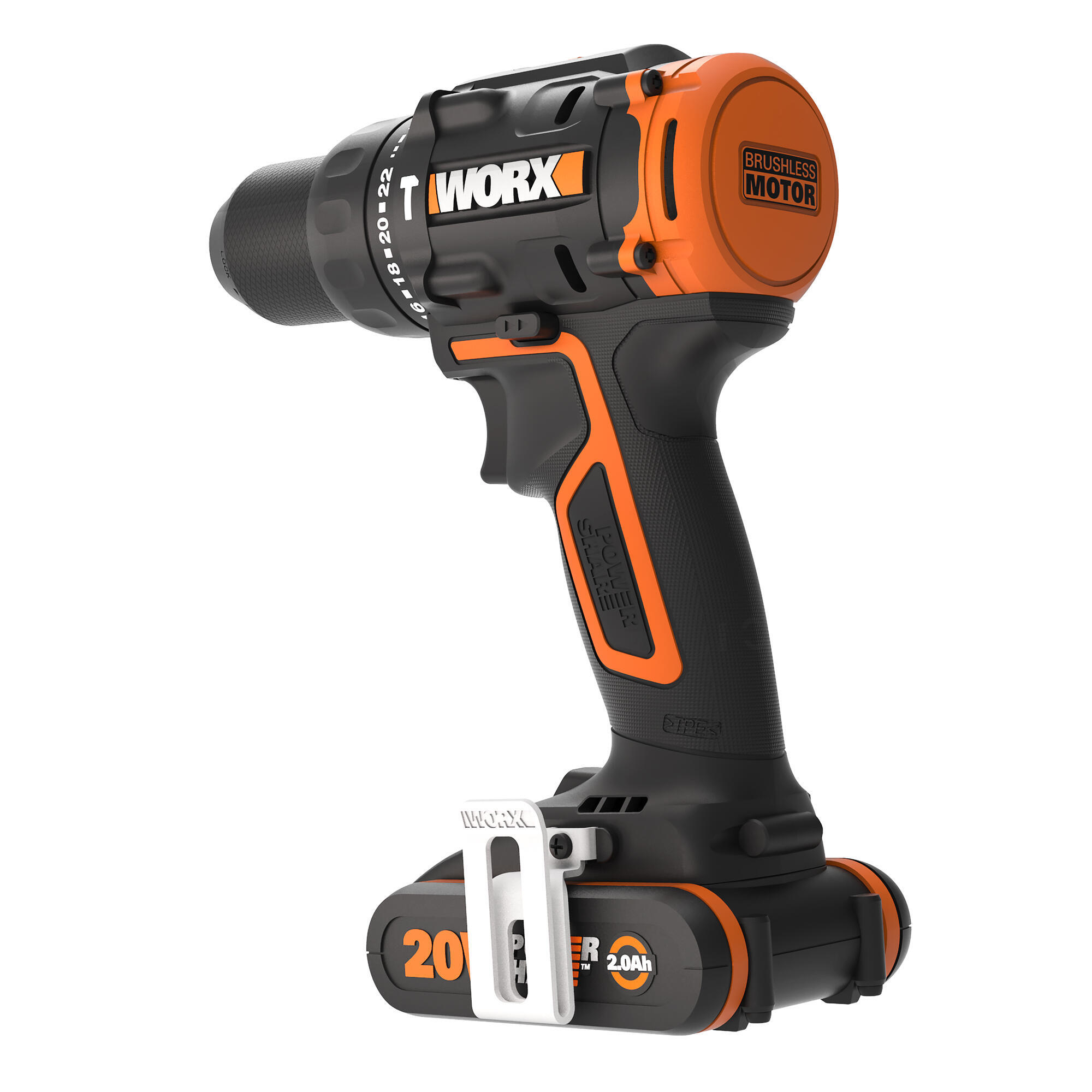 Taladro percutor a batería WORX 20V Brushless :2 Baterías de 20V / 2,0 Ah - Cargador rápido 1 hora, 1 Punta de atornillar doble, 1 estuche de 30pzs de brocas y puntas, 1 Clip de sujeción cinturón, Maletín de transporte - 11