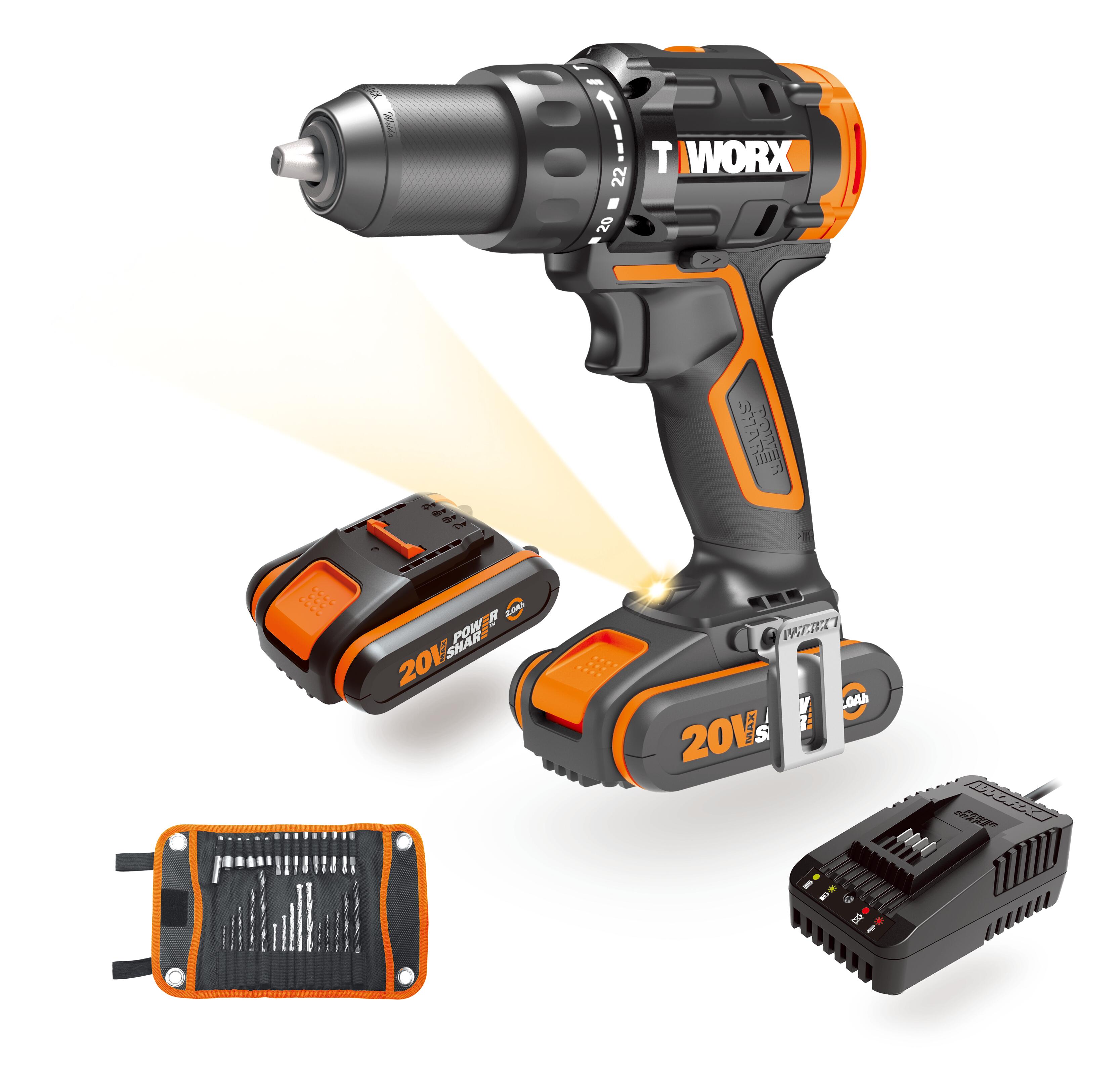 Taladro percutor a batería WORX 20V Brushless :2 Baterías de 20V / 2,0 Ah - Cargador rápido 1 hora, 1 Punta de atornillar doble, 1 estuche de 30pzs de brocas y puntas, 1 Clip de sujeción cinturón, Maletín de transporte - 2