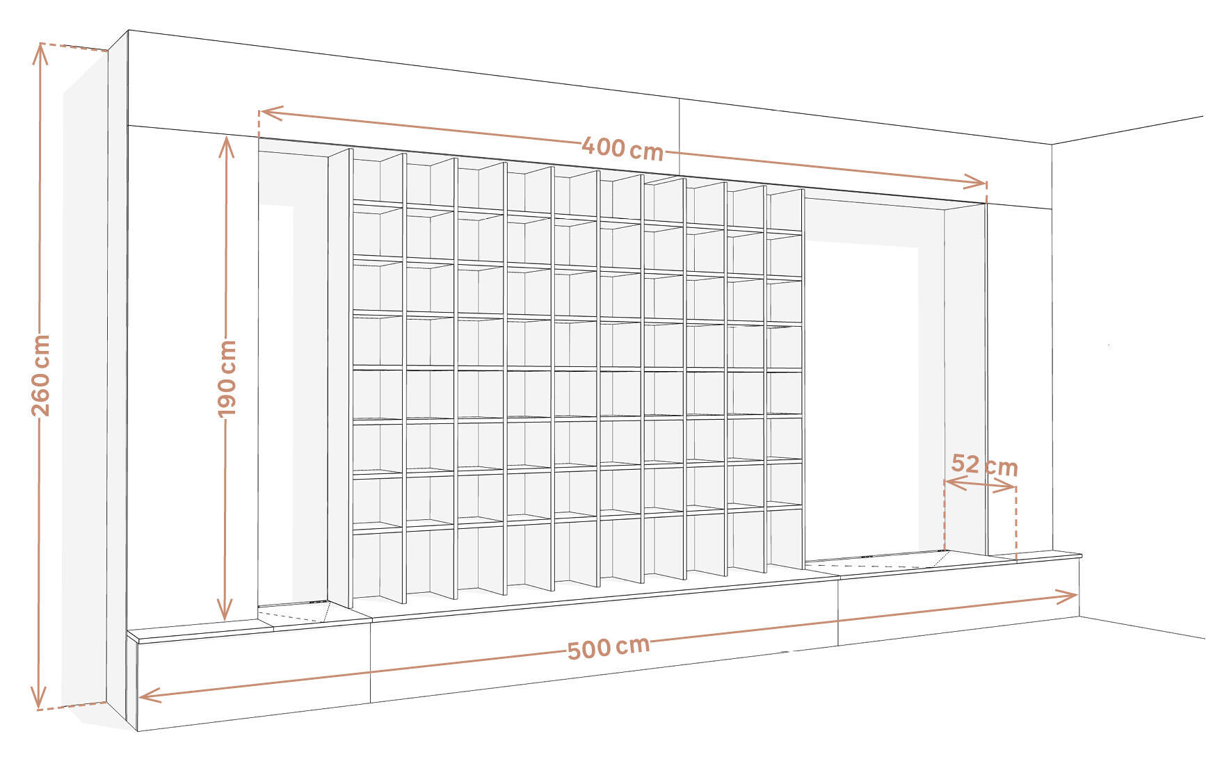 schéma de la bibliothèque avec les dimensions