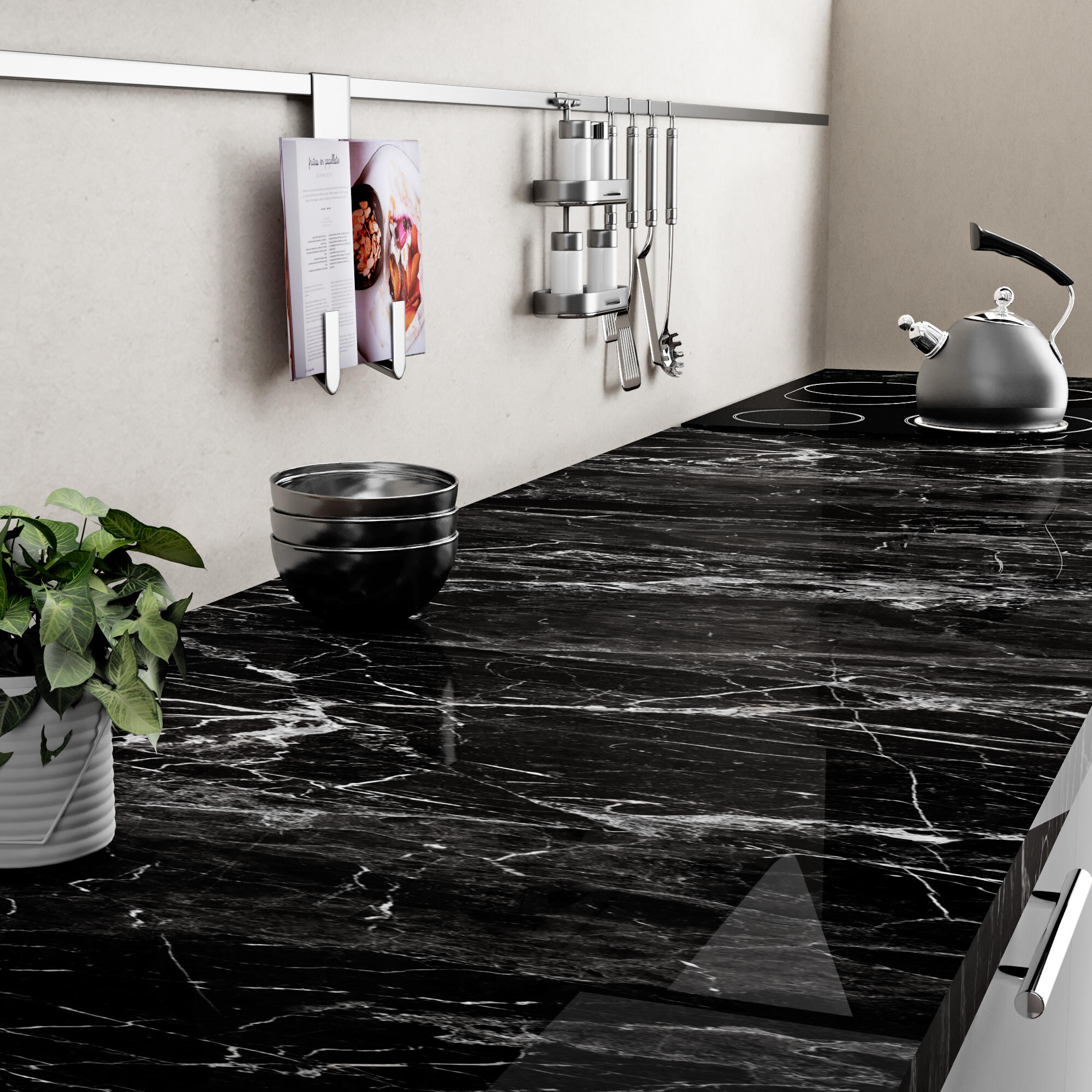 Encimera de cocina laminada Milos marbre noir 315x65 cm espesor 38mm - 4
