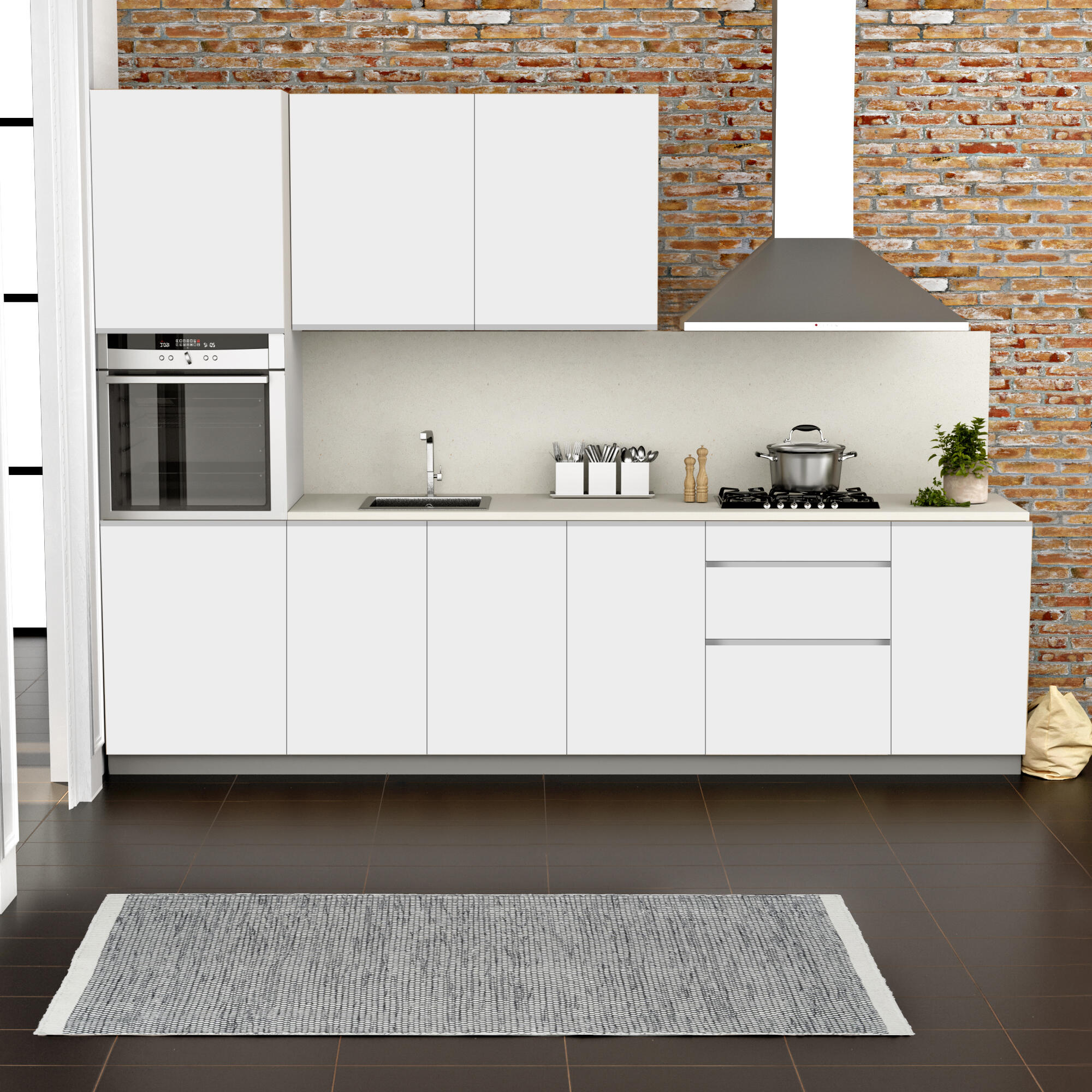 Cocina en kit mikonos blanco 300 cm con 1 módulo alto + 4 módulos bajos