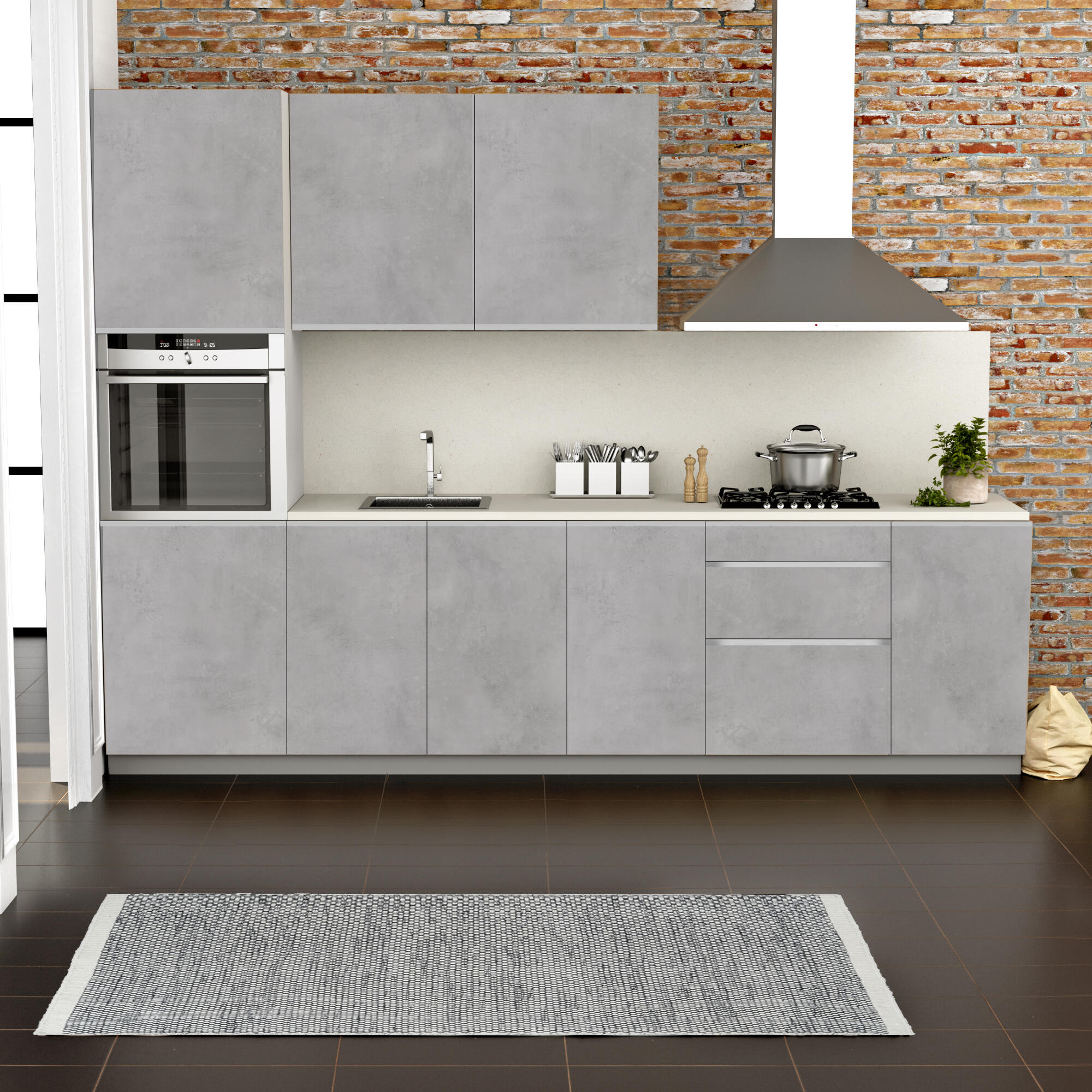 Cocina en kit mikonos gris 300 cm con 1 módulo alto + 4 módulos bajos