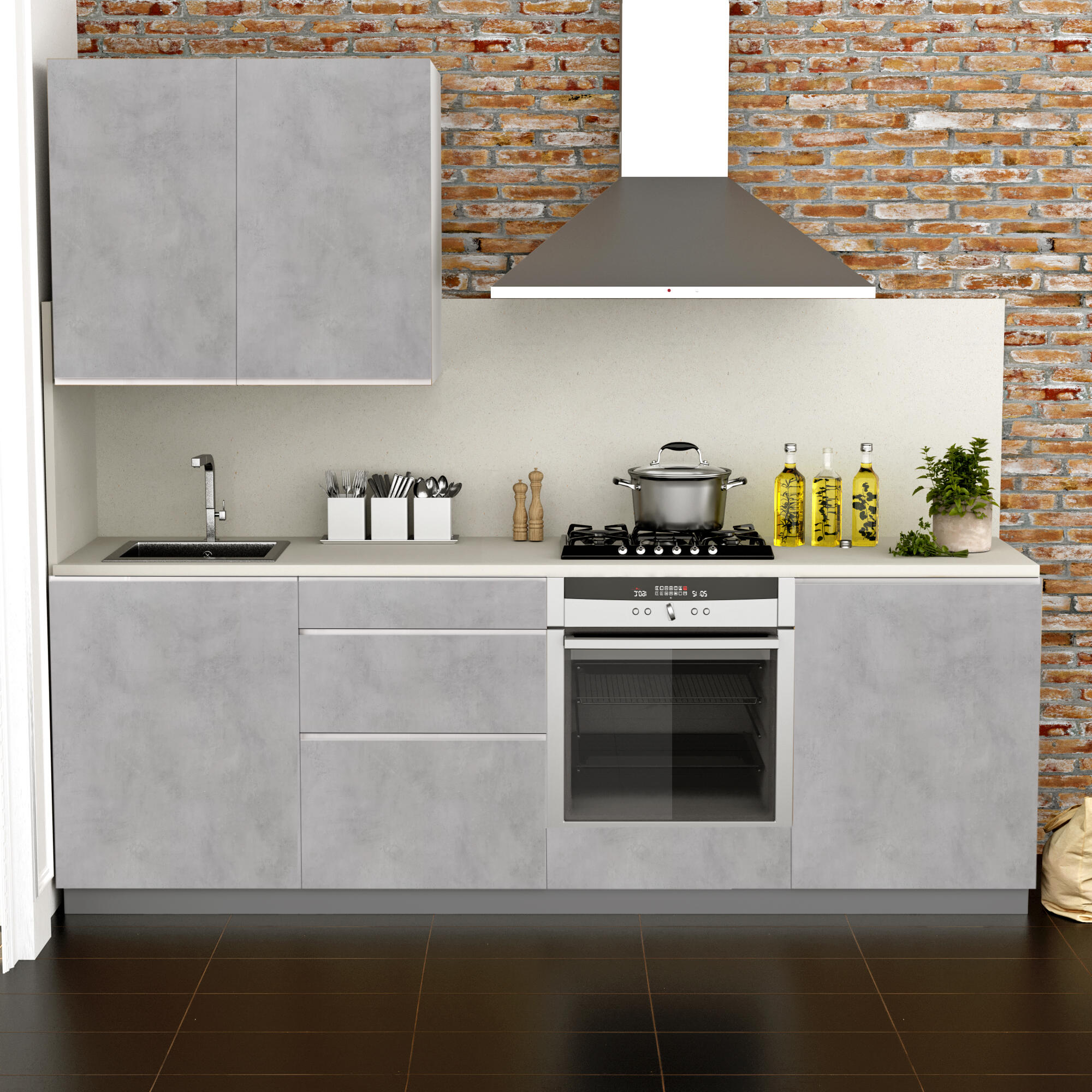 Cocina en kit mikonos gris 240 cm con 1 módulo alto + 4 módulos bajos