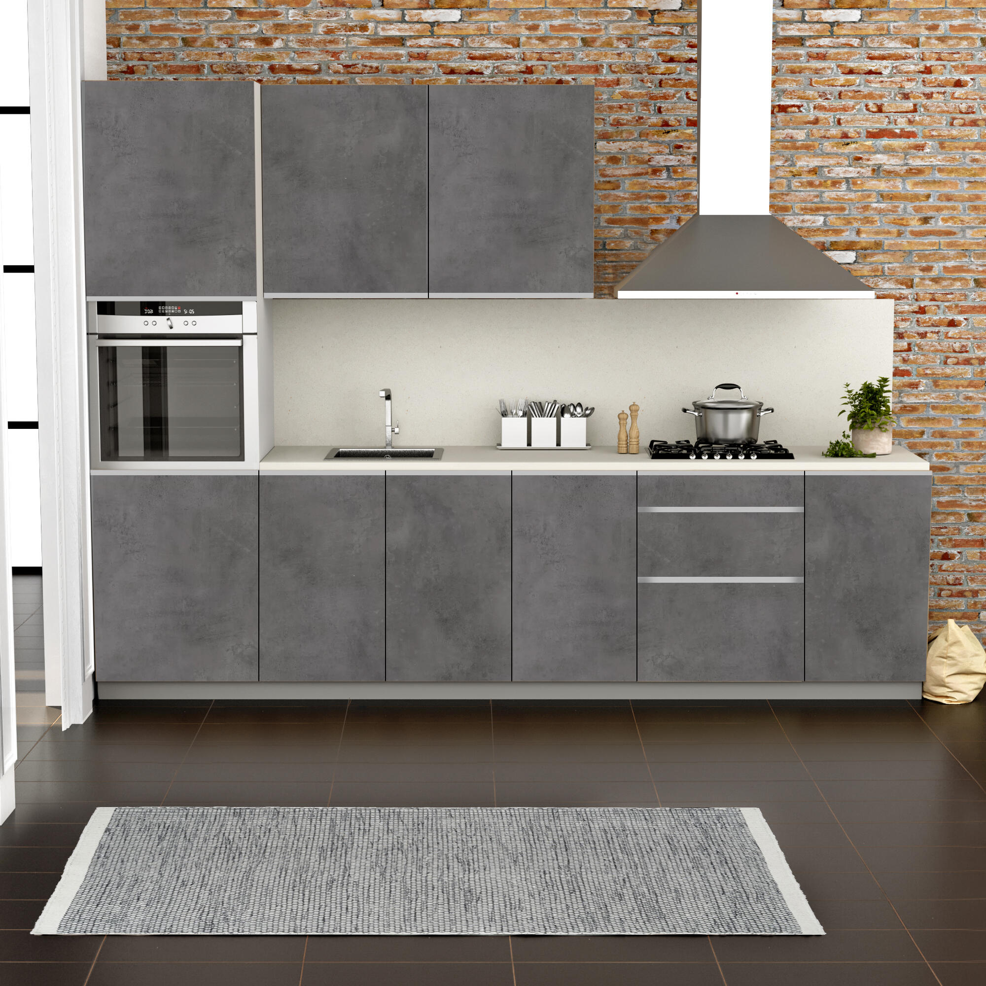 Cocina en kit mikonos gris oscuro 300 cm con 1 módulo alto + 4 módulos bajos