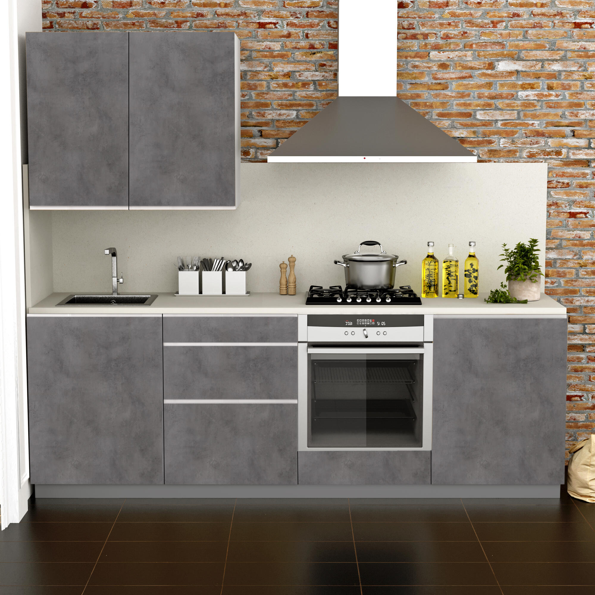 Cocina en kit mikonos gris oscuro 240 cm con 1 módulo alto + 4 módulos bajos