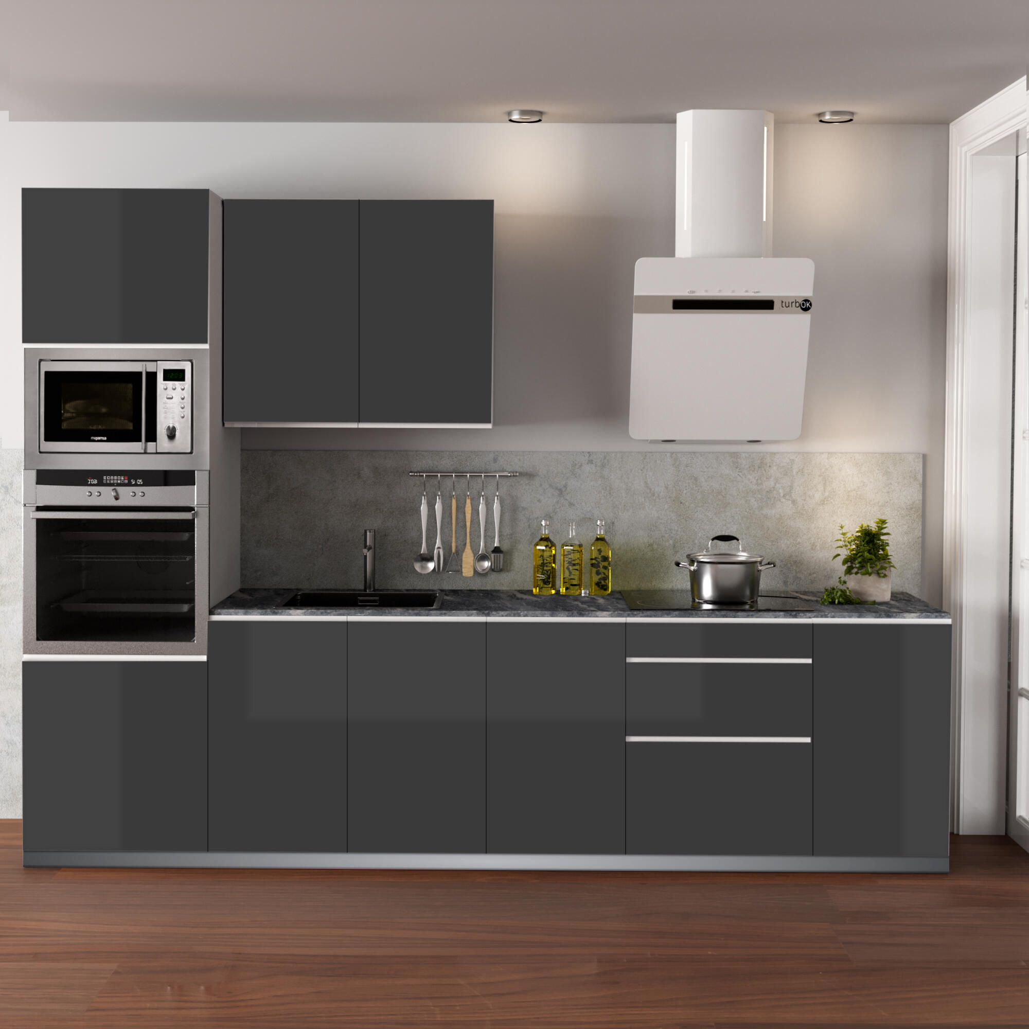Cocina en kit mikonos antracita br 300 cm con 1 módulo alto + 4 módulos bajos
