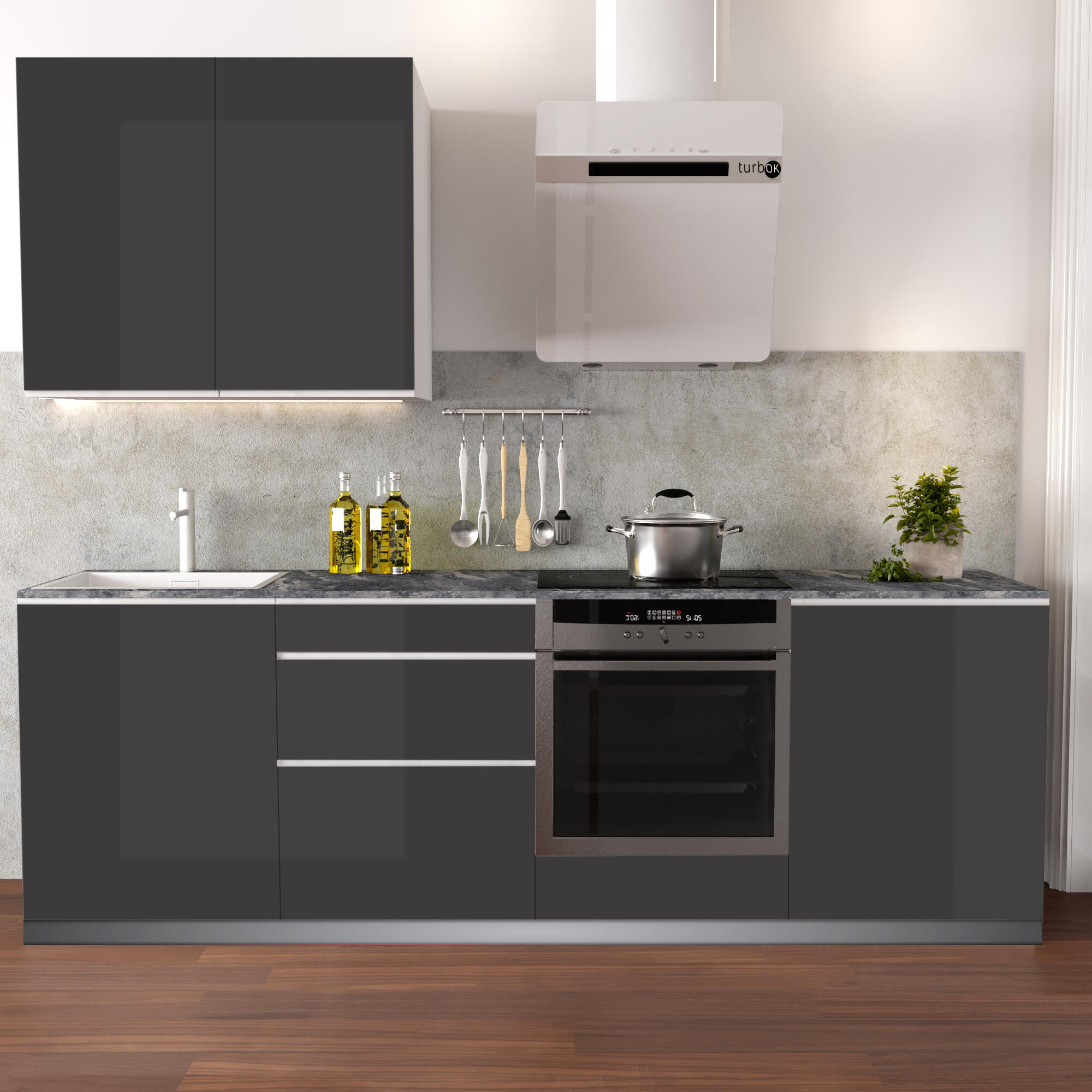 Cocina en kit mikonos antracita br 240 cm con 1 módulo alto + 4 módulos bajos