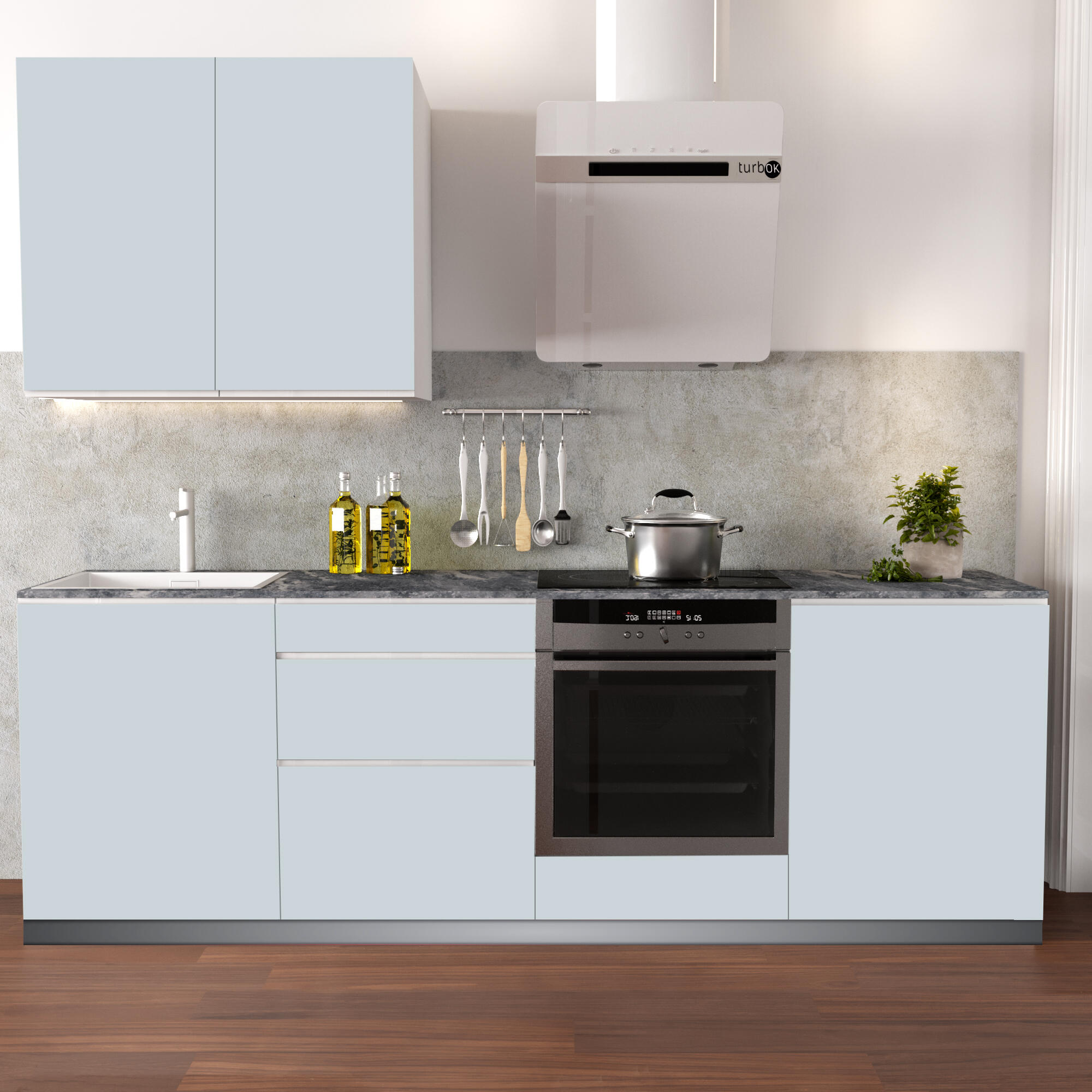Cocina en kit mikonos azul aguamarina 240 cm con 1 módulo alto + 4 módulos bajos