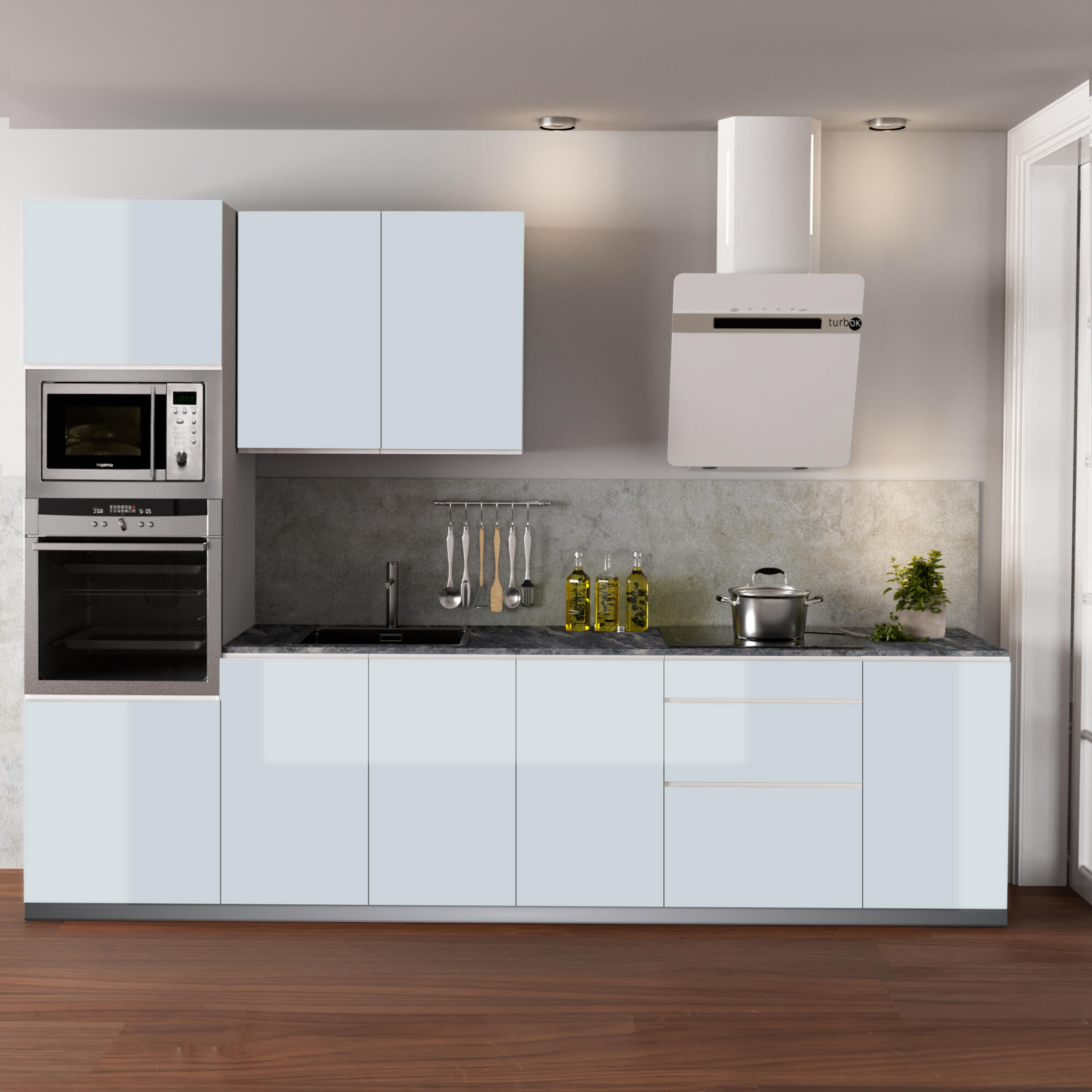Cocina en kit mikonos azul aguamarina 300 cm con 1 módulo alto + 4 módulos bajos