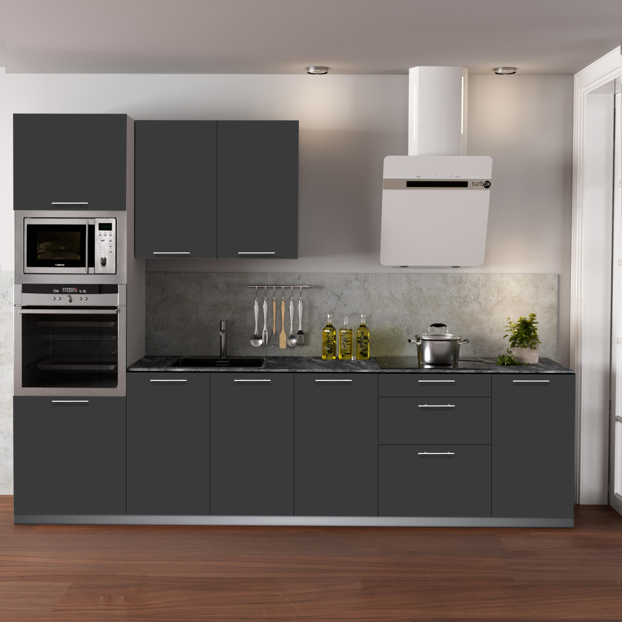 Cocina en kit atenas antracita mate 300 cm con 1 módulo alto + 4 módulos bajos