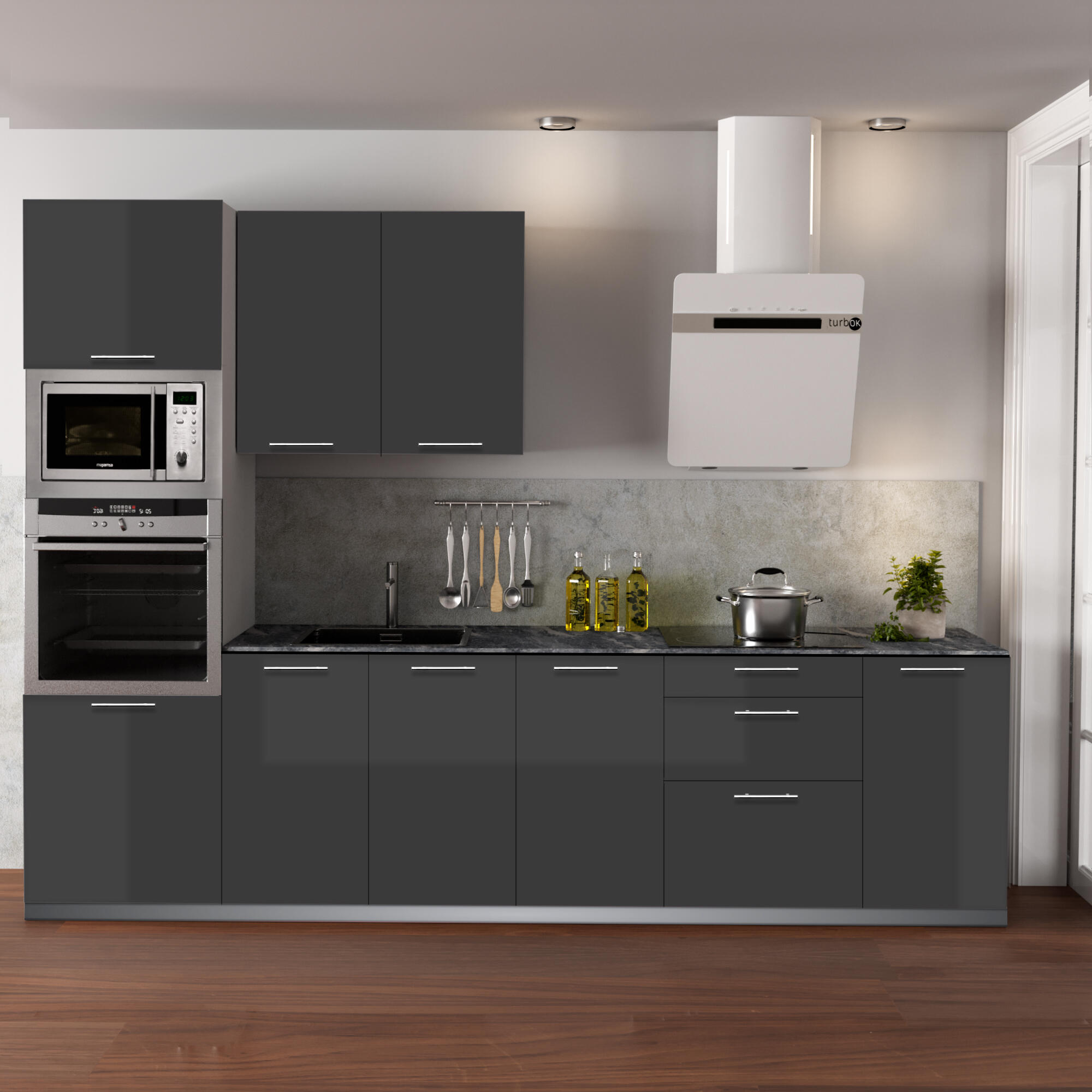 Cocina en kit atenas antracita br 300 cm con 1 módulo alto + 4 módulos bajos