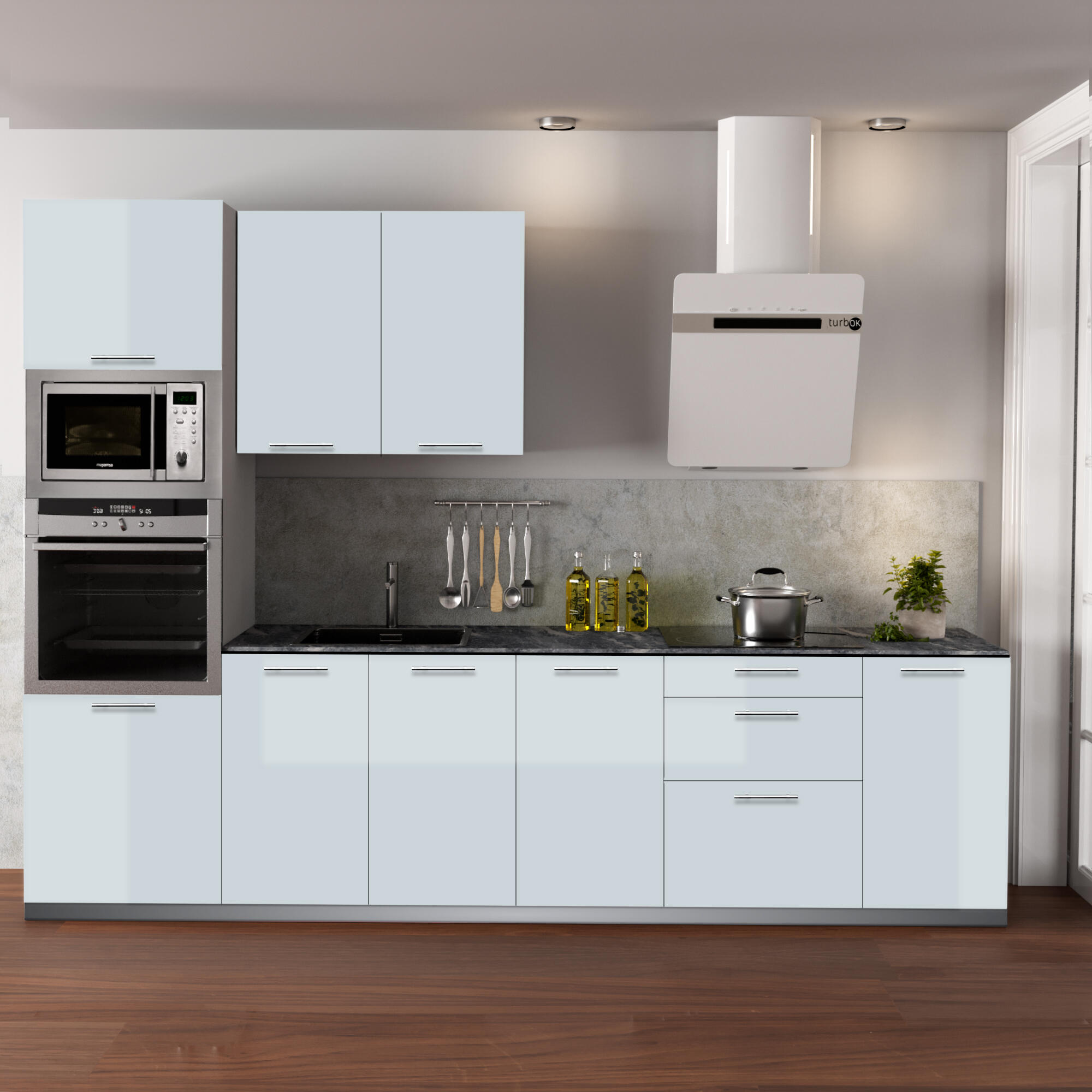 Cocina en kit atenas azul aguamarina 300 cm con 1 módulo alto + 4 módulos bajos